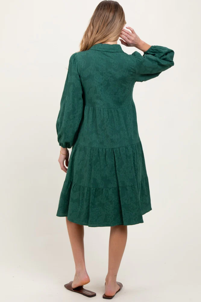Forest Green Tiered Button Down Maternity Shirt Dress - Image 3