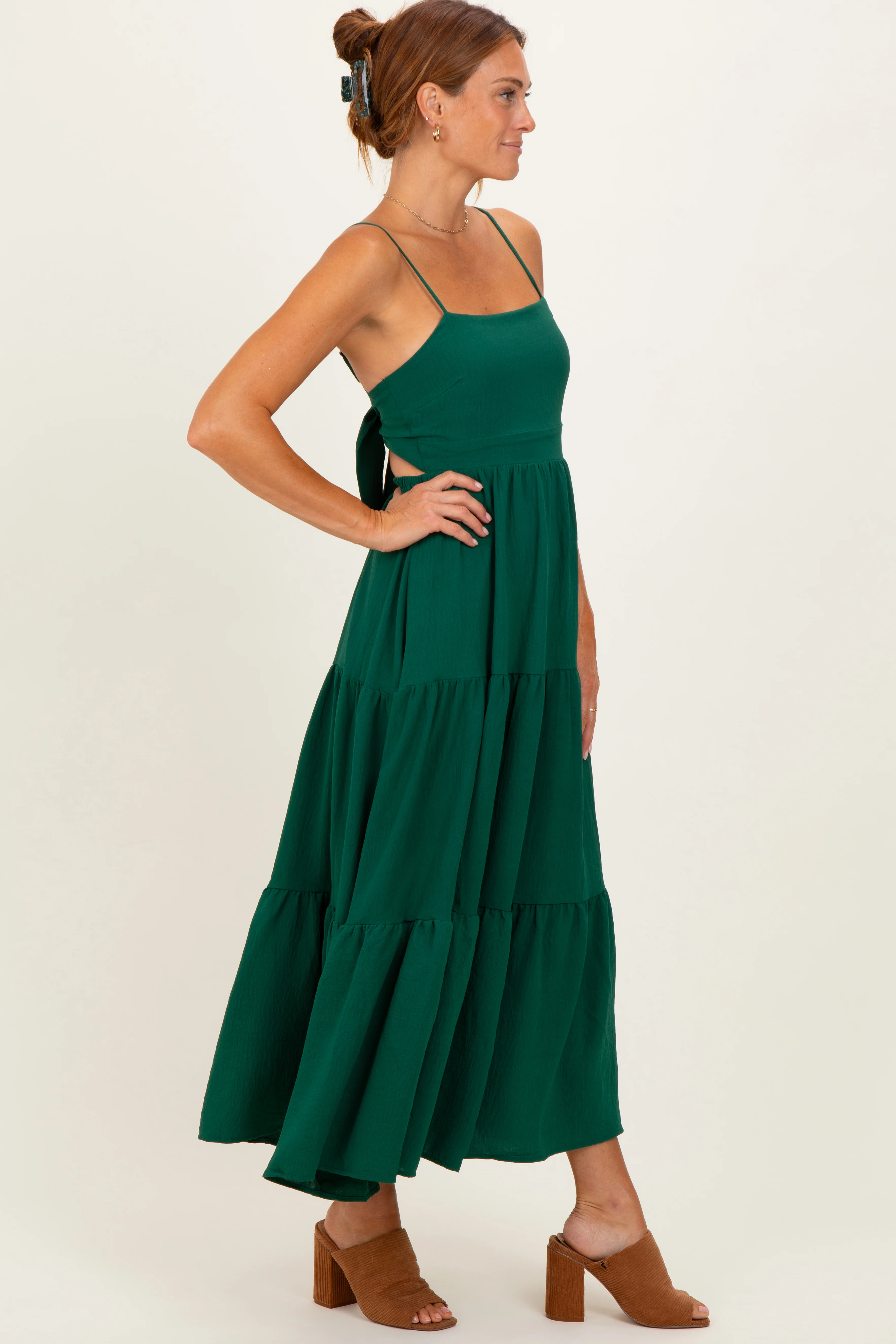 Forest Green Tiered Cutout Tie Back Midi Dress - Image 3