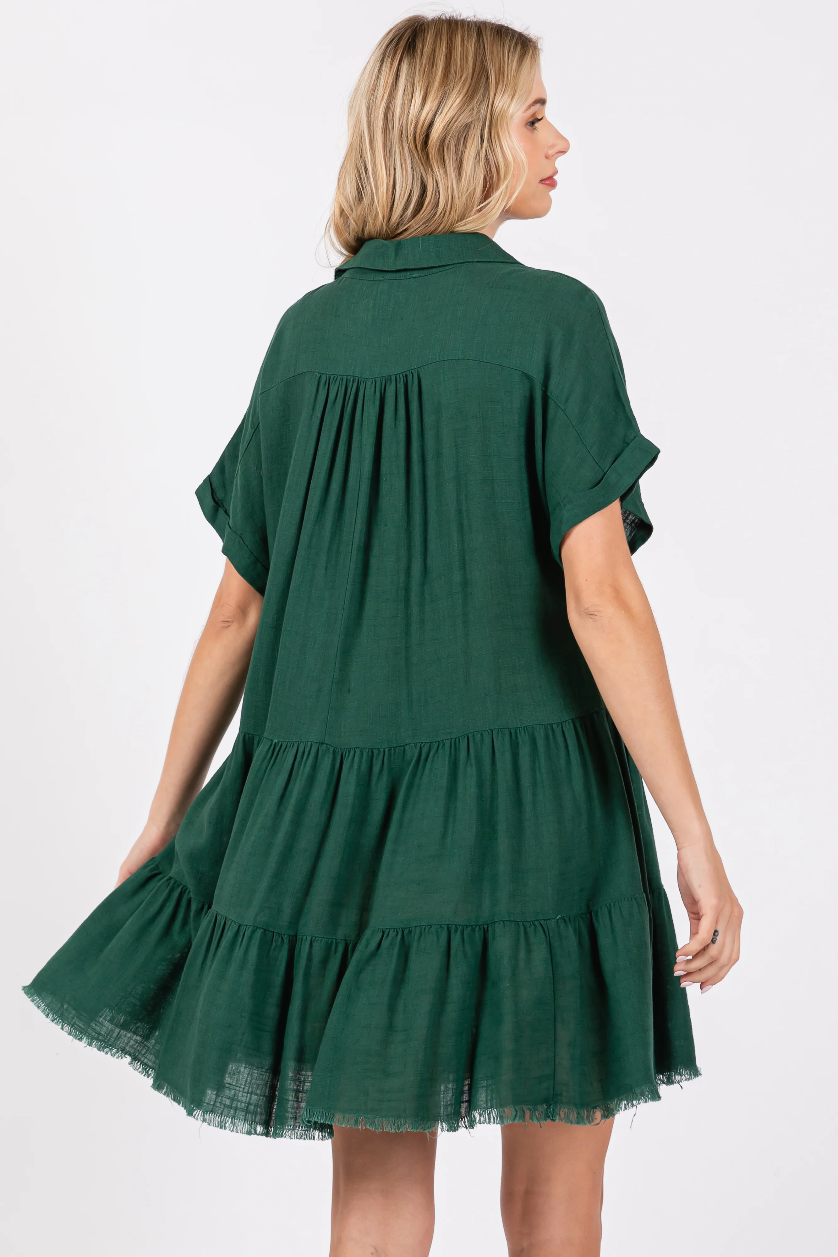 Forest Green Tiered Linen Dress - Image 3