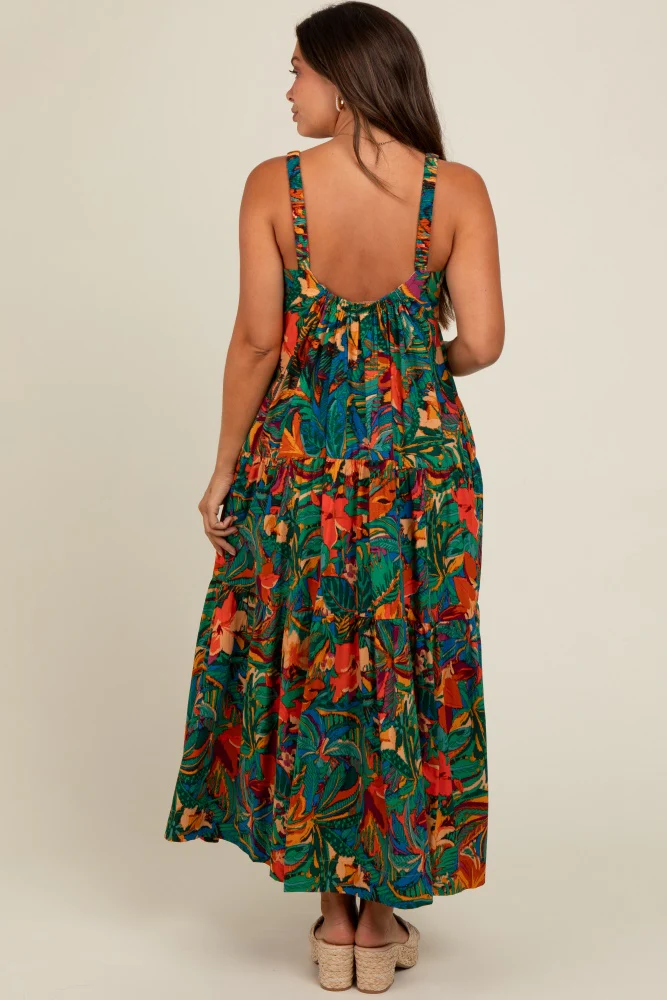 Forest Green Tropical Print Tiered Maternity Maxi Dress - Image 4