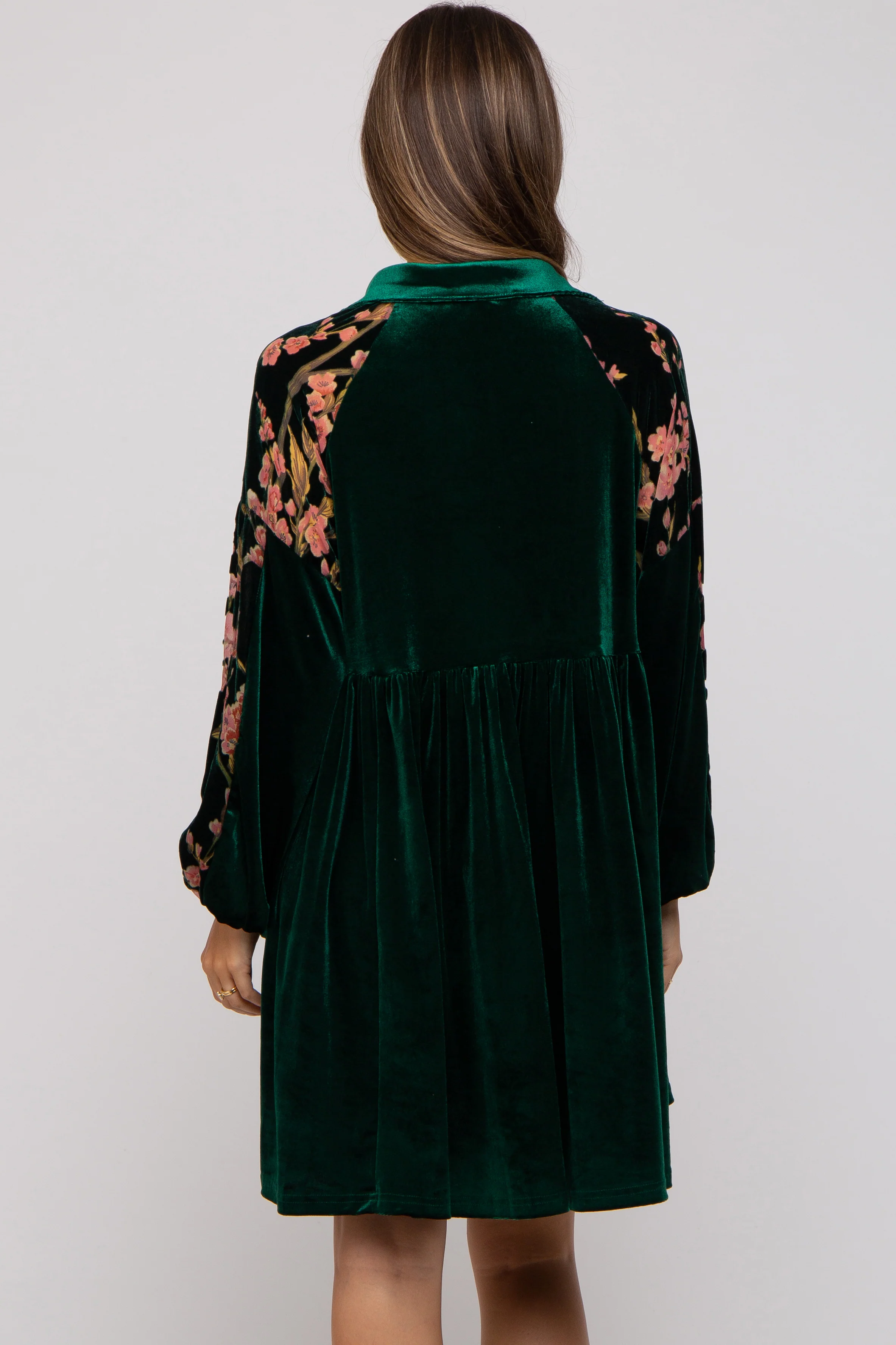Forest Green Velvet Floral Long Sleeve Maternity Dress - Image 4