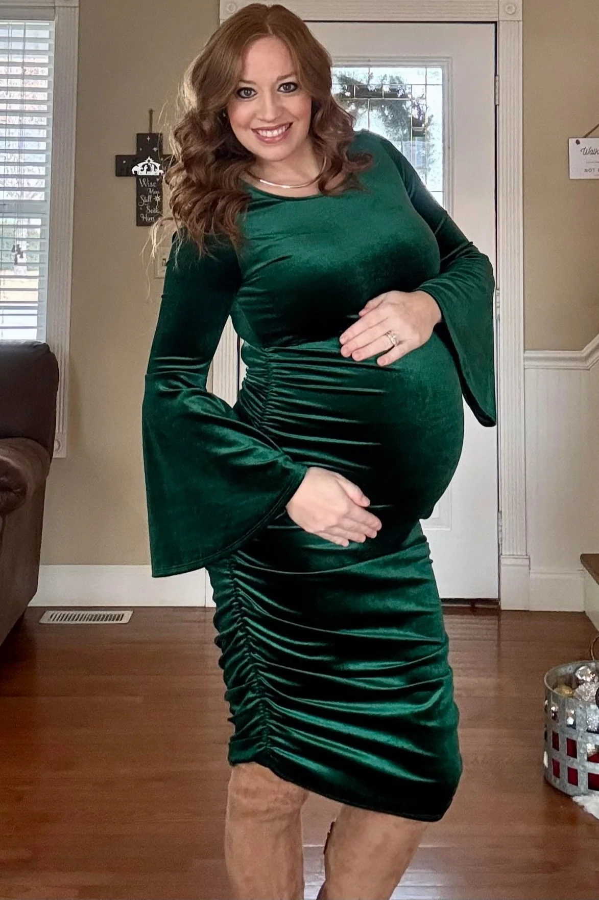 Forest Green Velvet Ruched Bell Sleeve Maternity Dress - Image 5