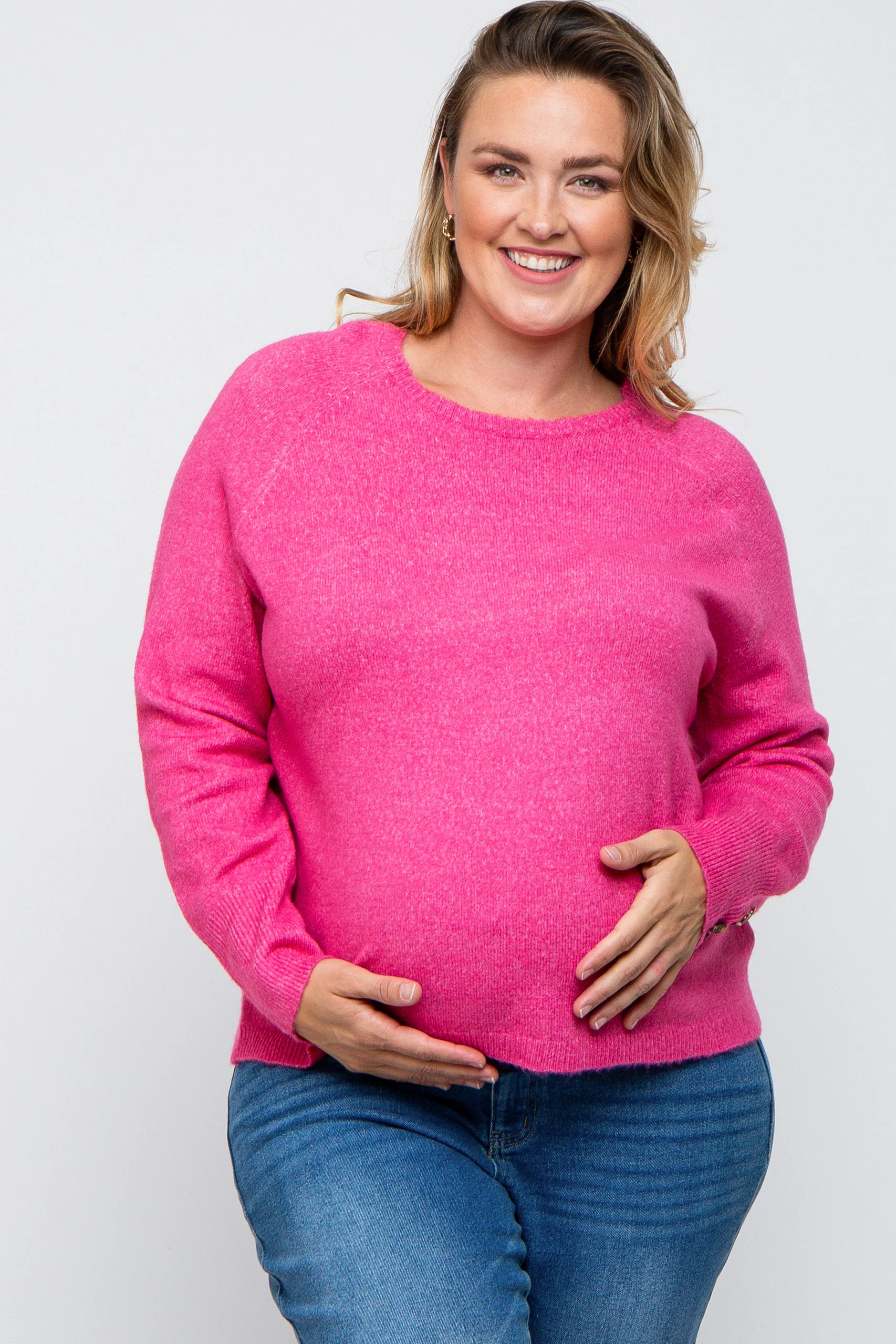 Fuchsia Button Accent Solid Maternity Plus Size Sweater - Image 2