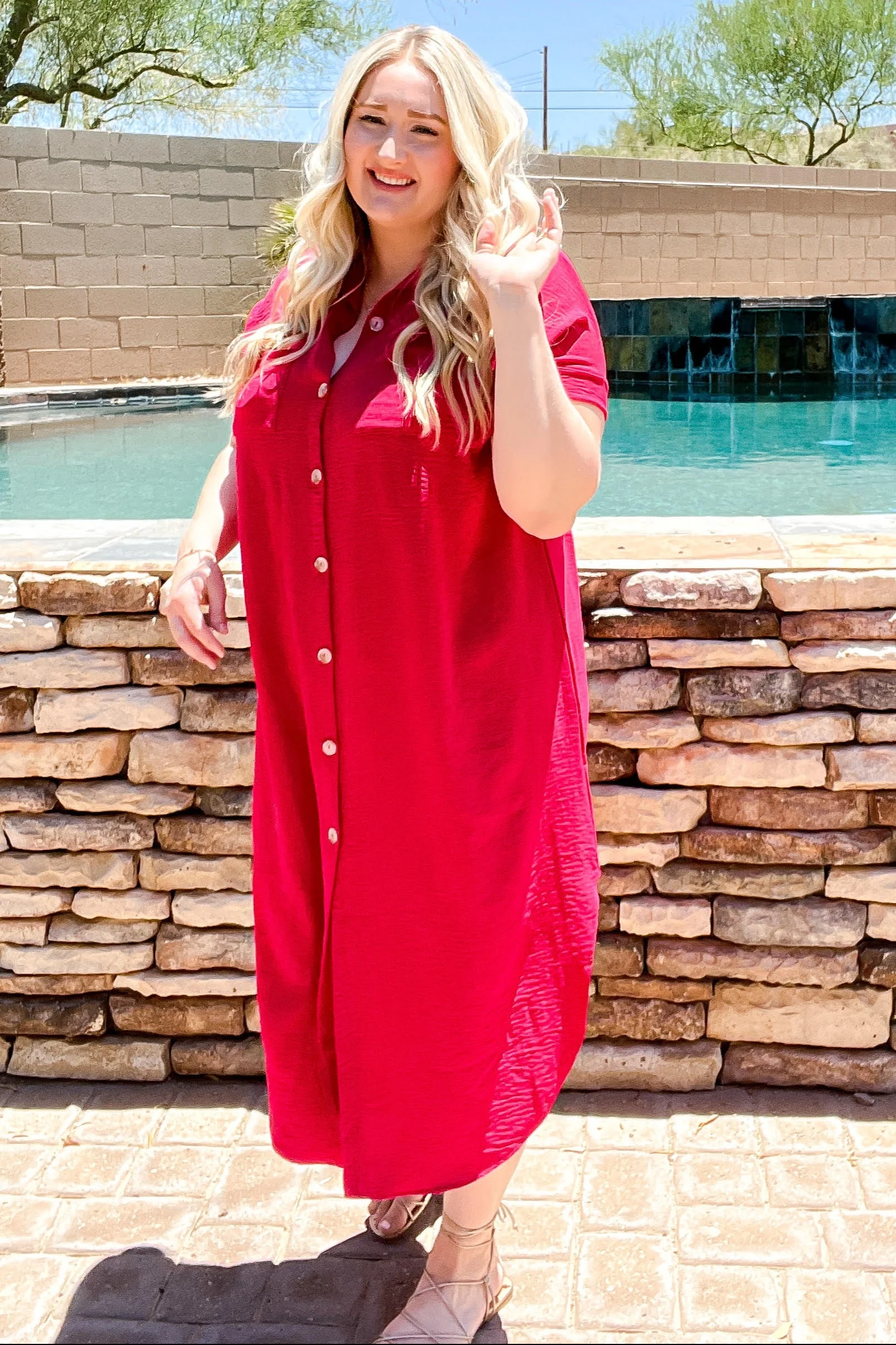 Fuchsia Button Down Hi Low Maxi Dress - Image 6