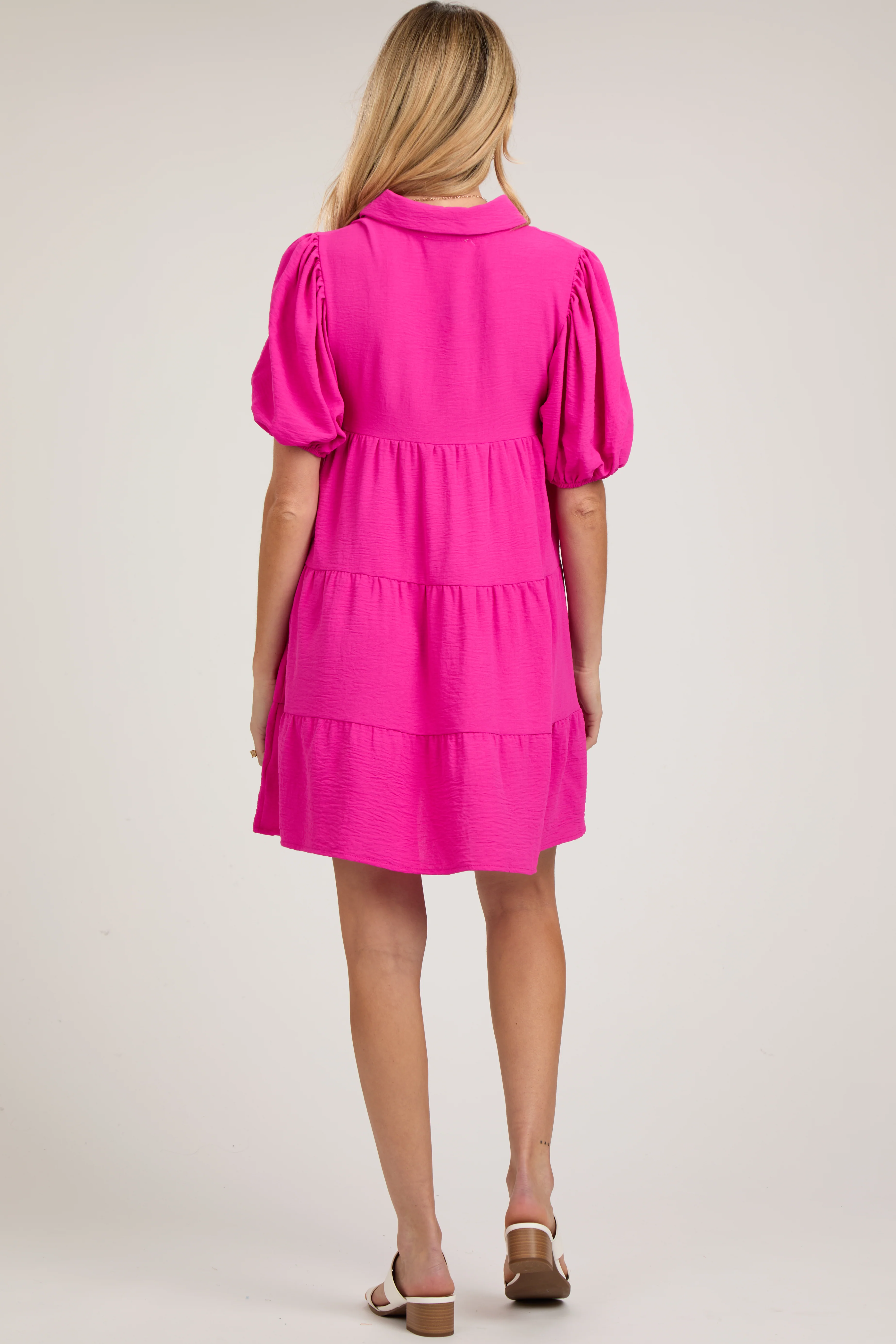 Fuchsia Button Front Tiered Collared Maternity Dress - Image 3