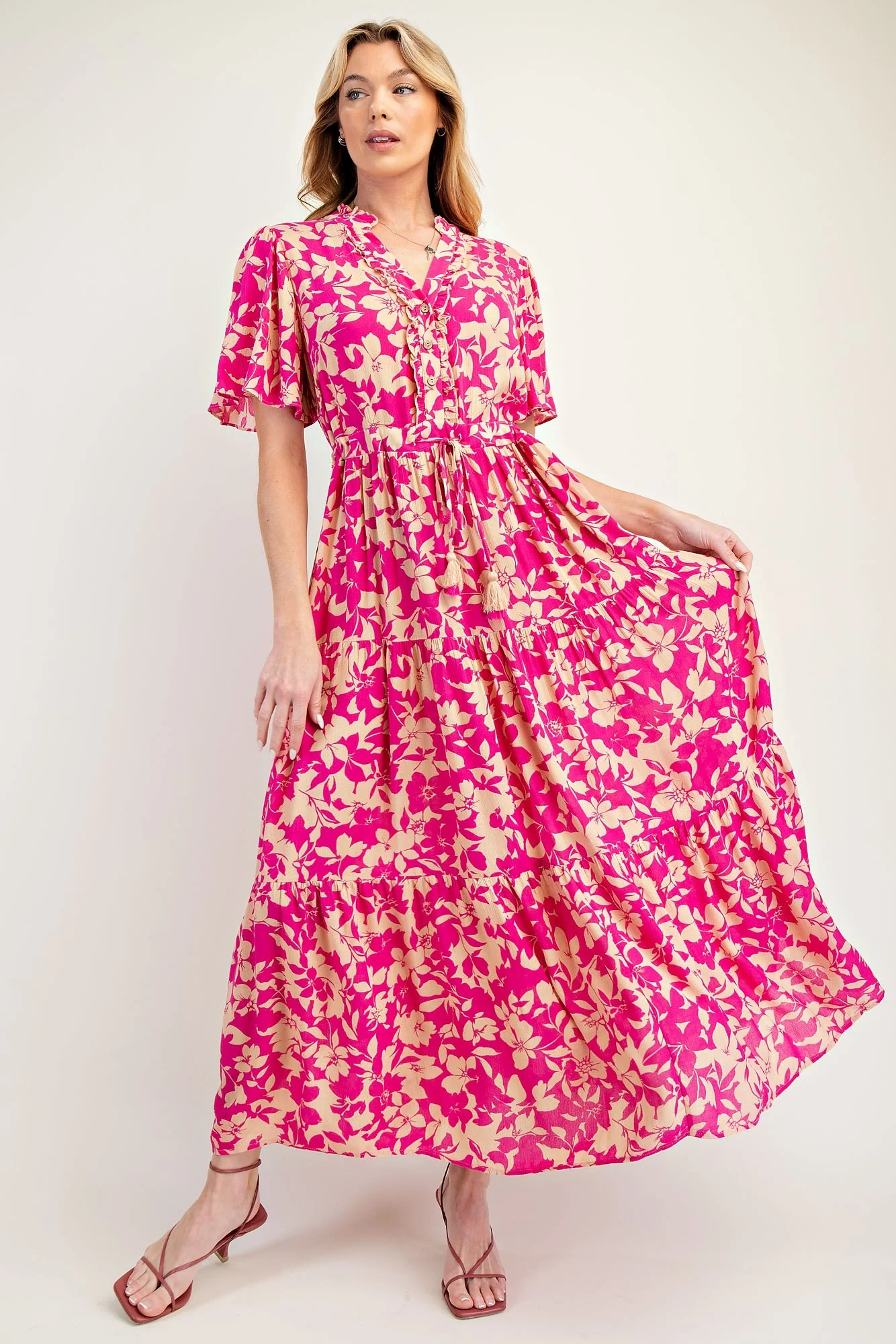 Fuchsia Button Ruffle Detail Maternity Maxi Dress - Image 4