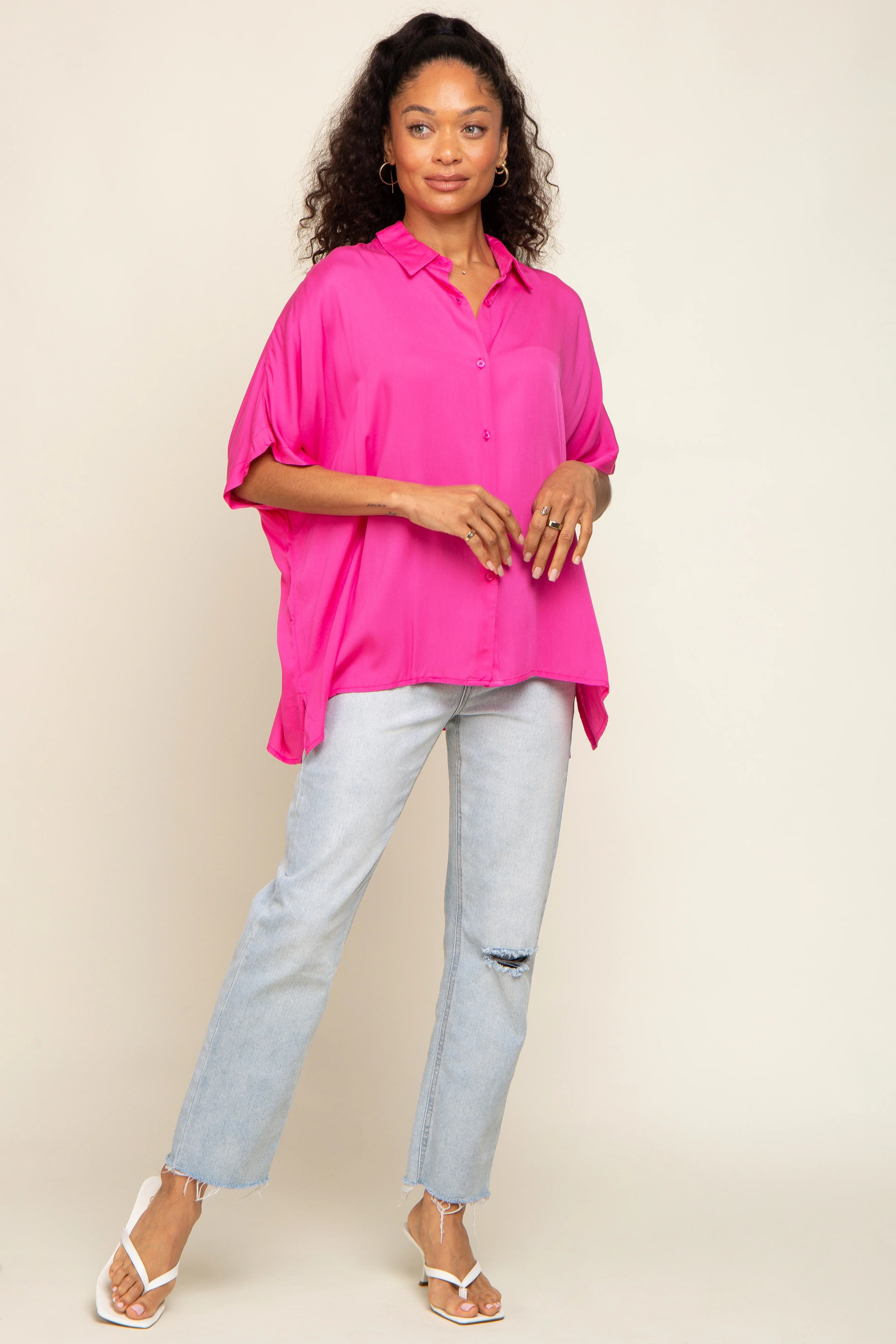 Fuchsia Button Up Dolman Short Sleeve Top - Image 4