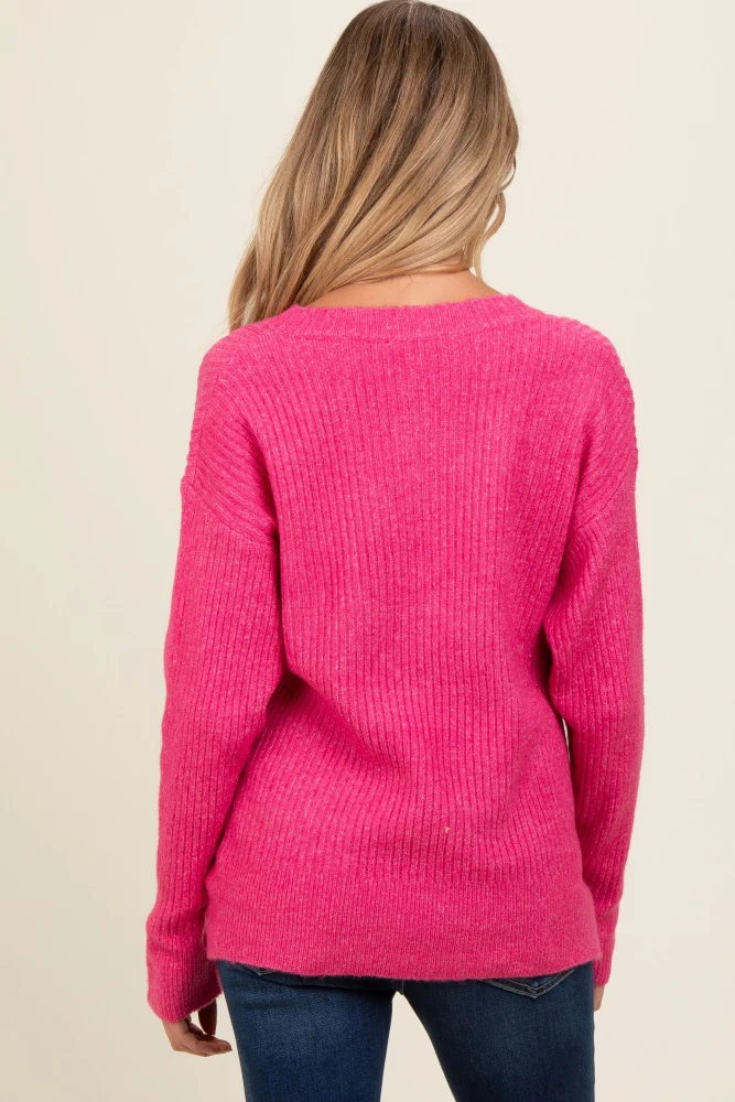 Fuchsia Buttoned Up Sweater Knit Maternity Top - Image 4