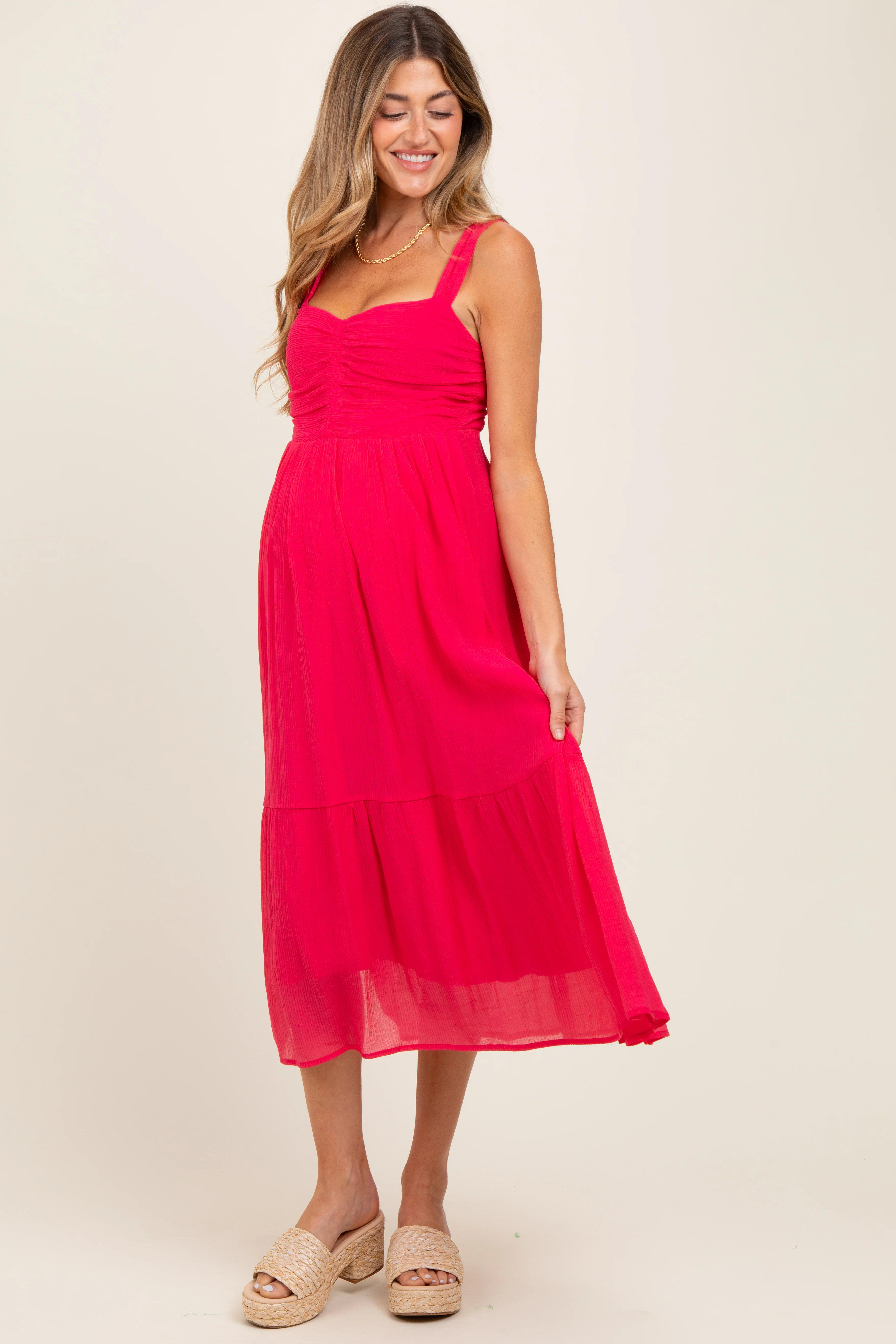 Fuchsia Cinched Bust Cutout Maternity Midi Dress - Image 2