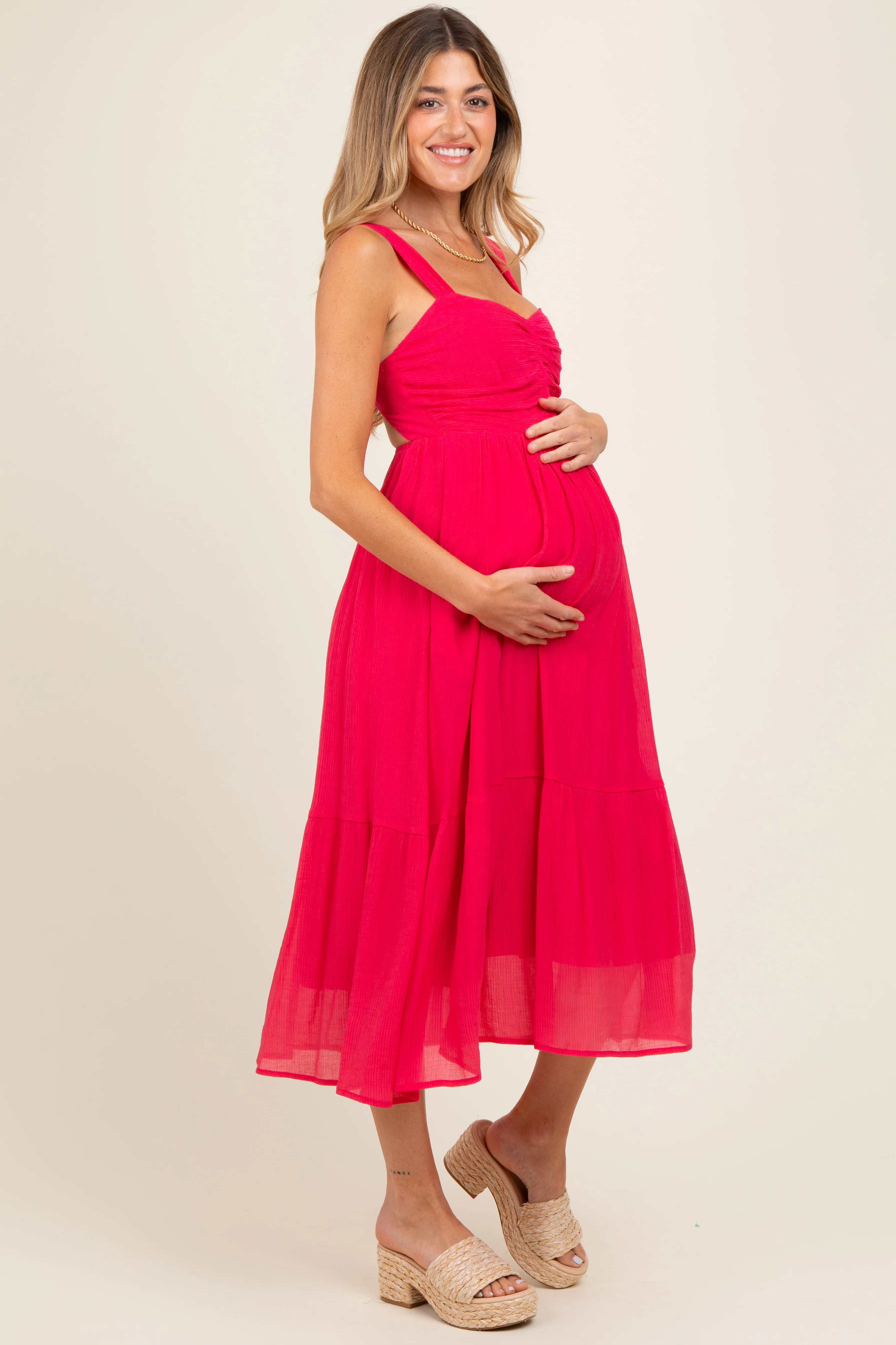 Fuchsia Cinched Bust Cutout Maternity Midi Dress - Image 3