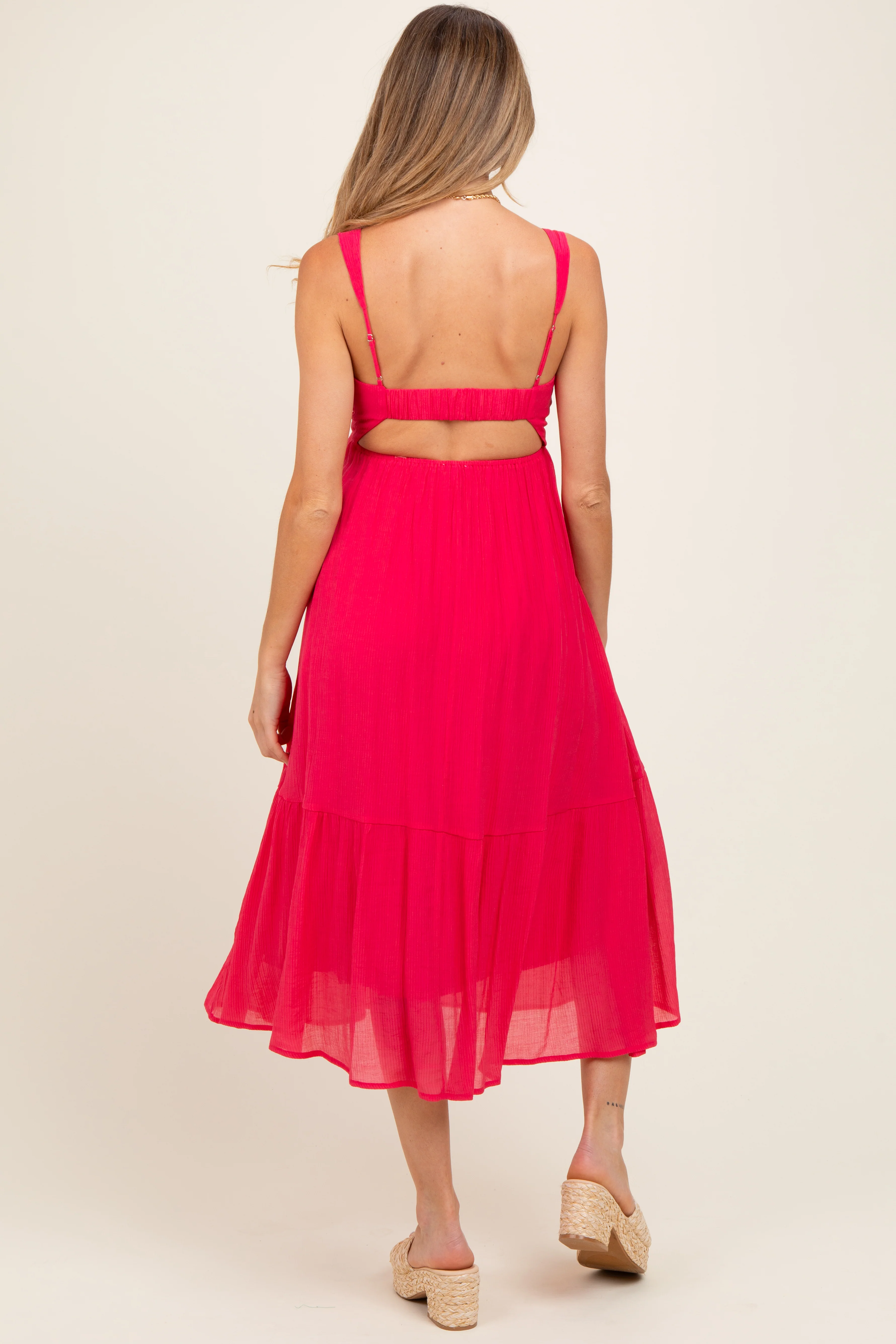 Fuchsia Cinched Bust Cutout Maternity Midi Dress - Image 4