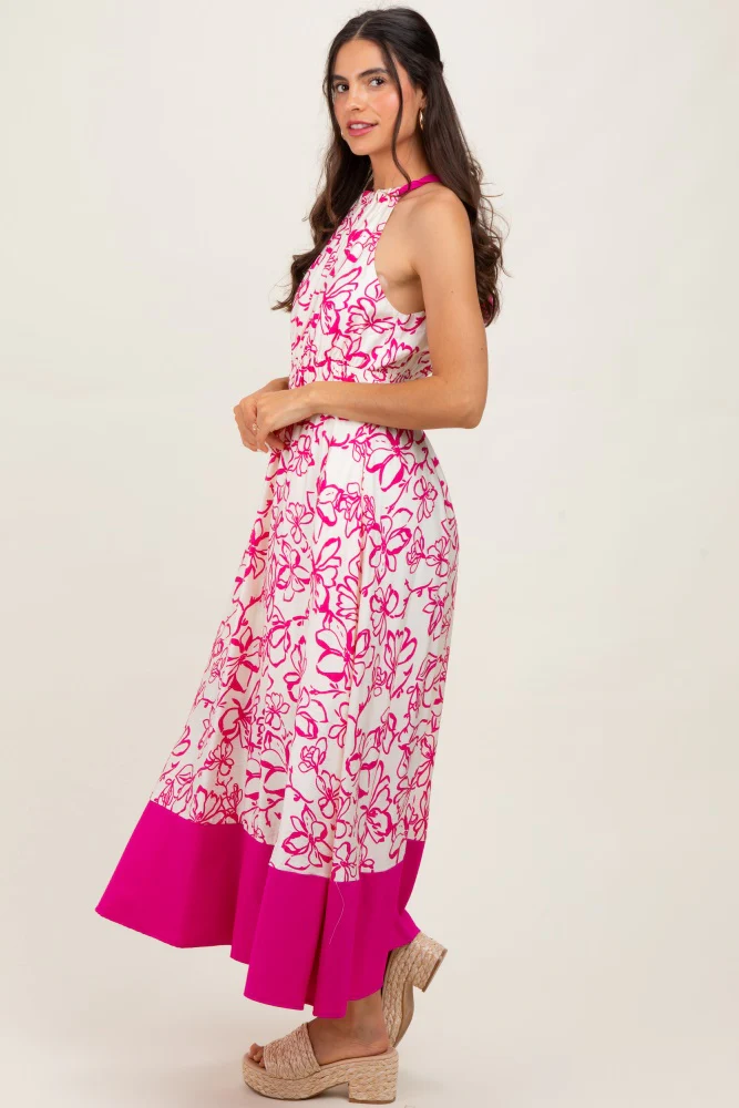 Fuchsia Floral Bow Tie Sleeveless Midi Dress - Image 2