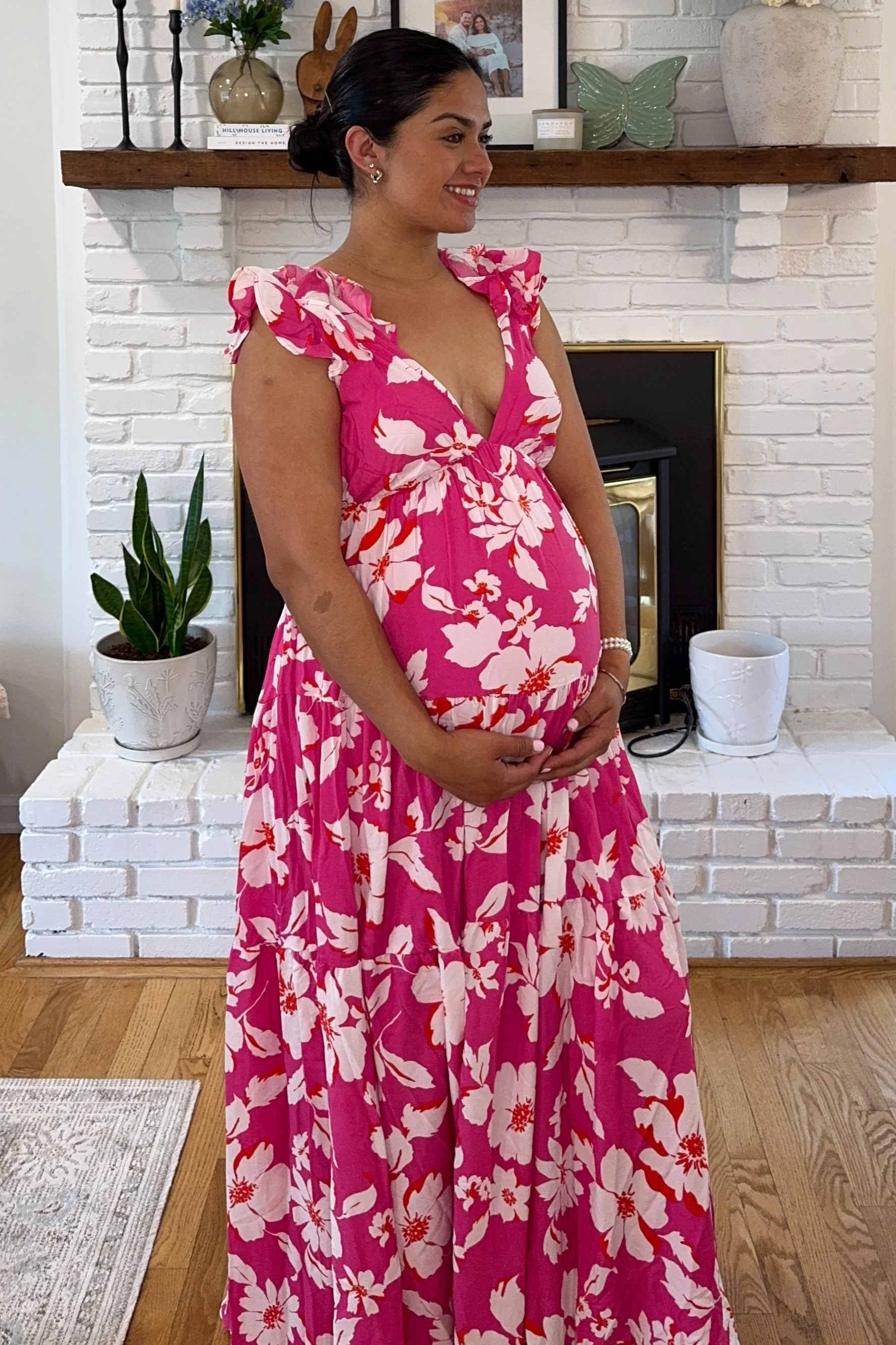 Fuchsia Floral Deep V-Neck Open Back Maternity Maxi Dress - Image 5