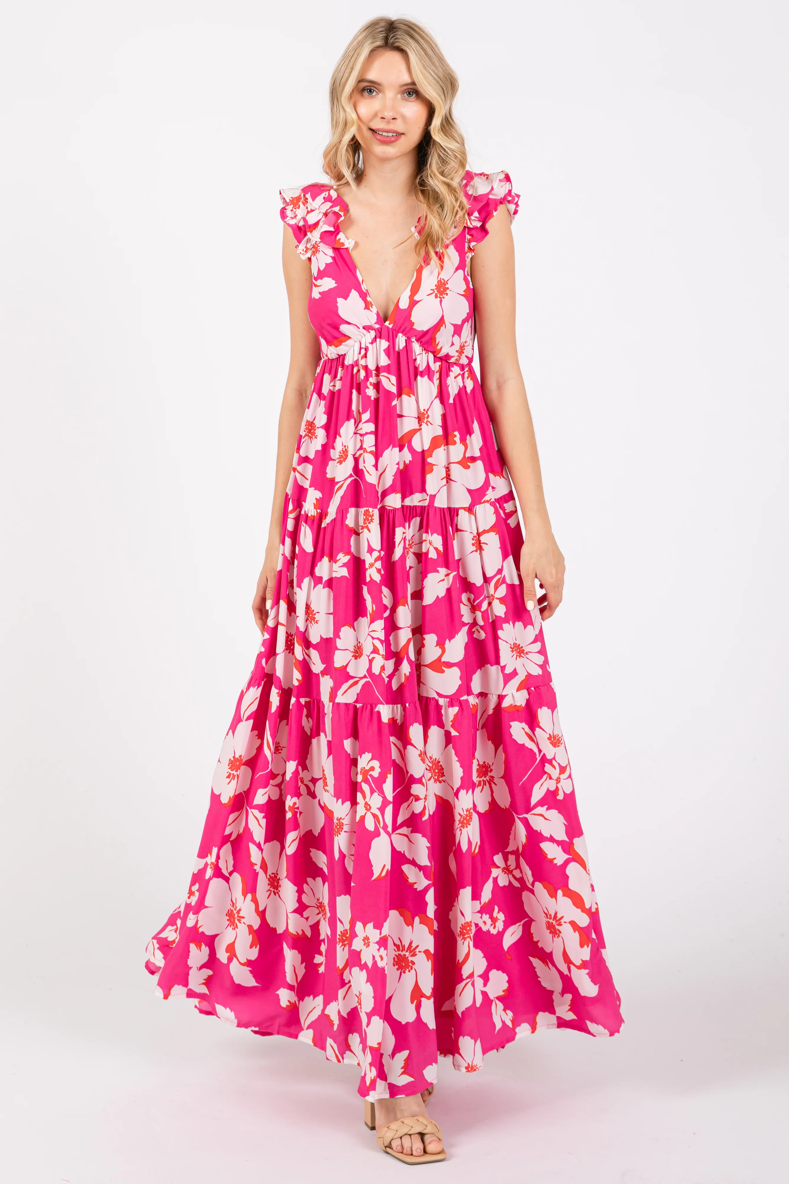 Fuchsia Floral Deep V-Neck Open Back Maternity Maxi Dress - Image 6