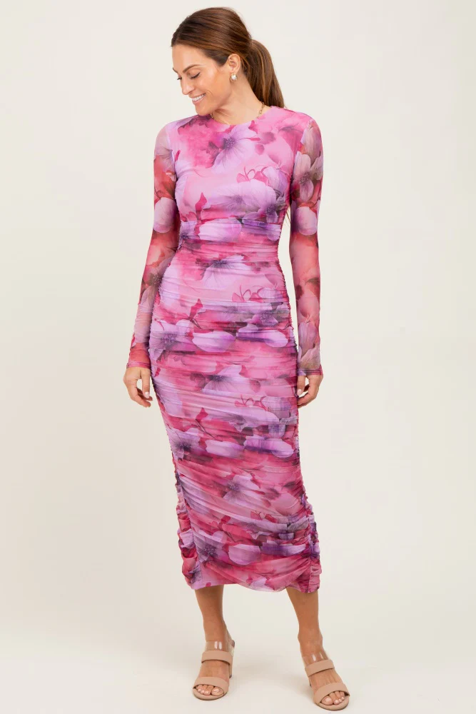 Fuchsia Floral Mesh Overlay Ruched Maternity Midi Dress - Image 5