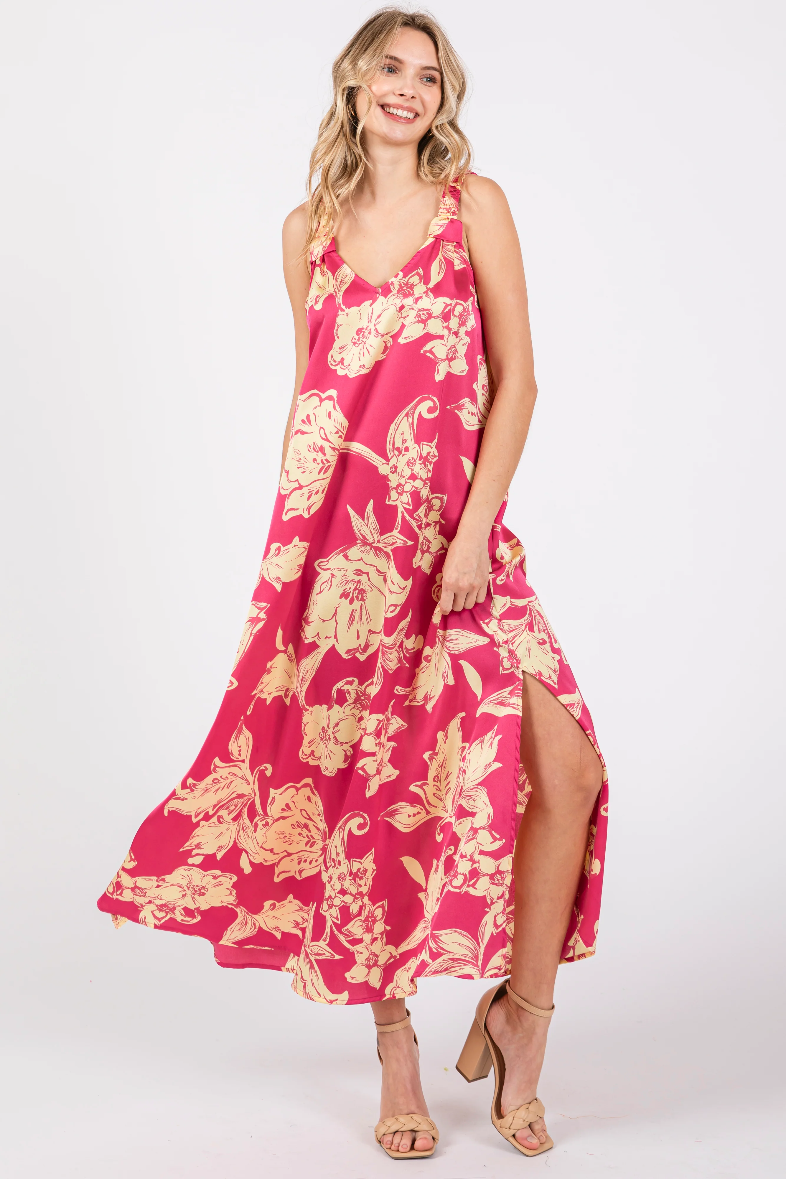 Fuchsia Floral Ruched Strap V-Neck Maternity Midi Dress - Image 4