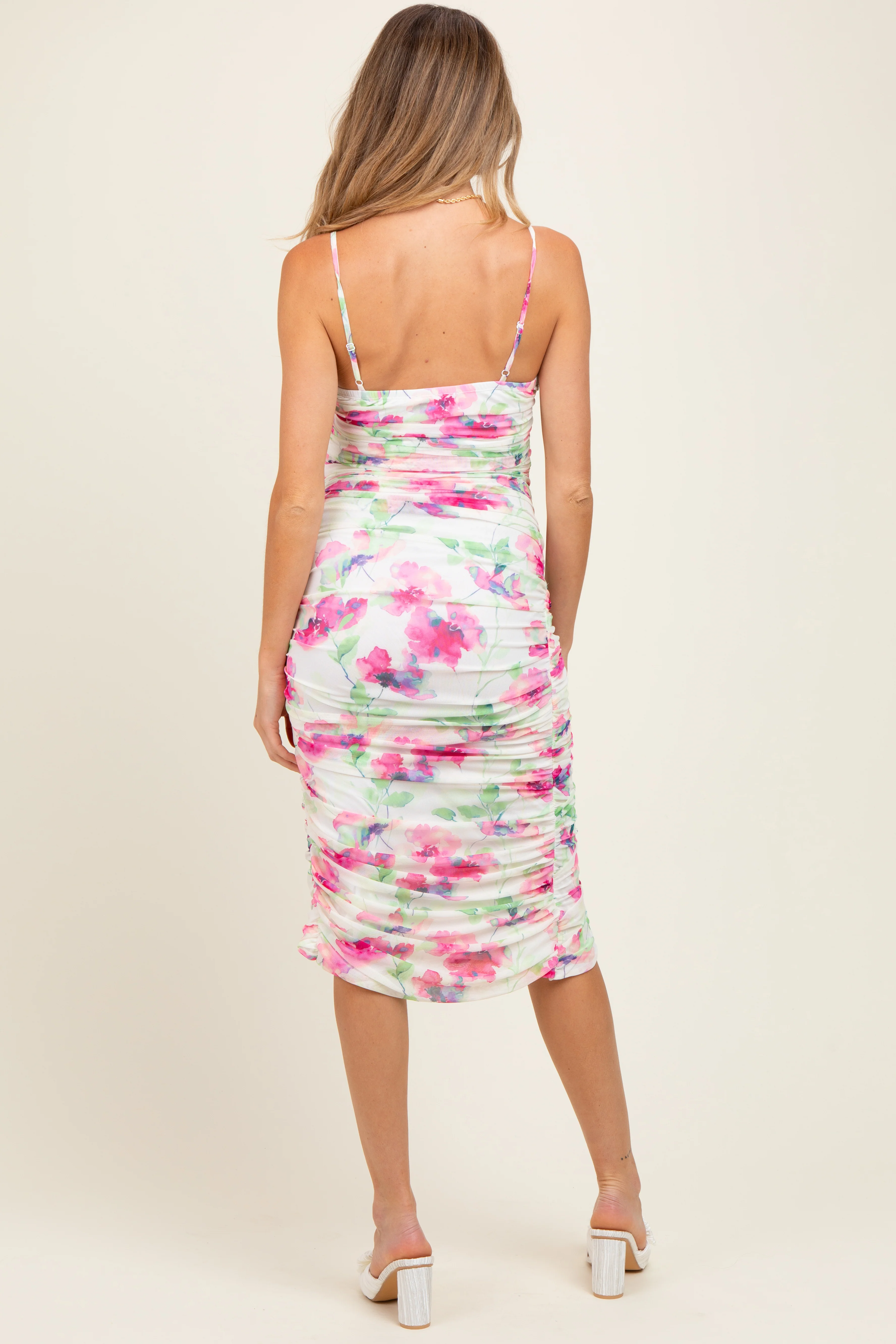 Fuchsia Floral Ruched Tulip Hem Maternity Midi Dress - Image 4