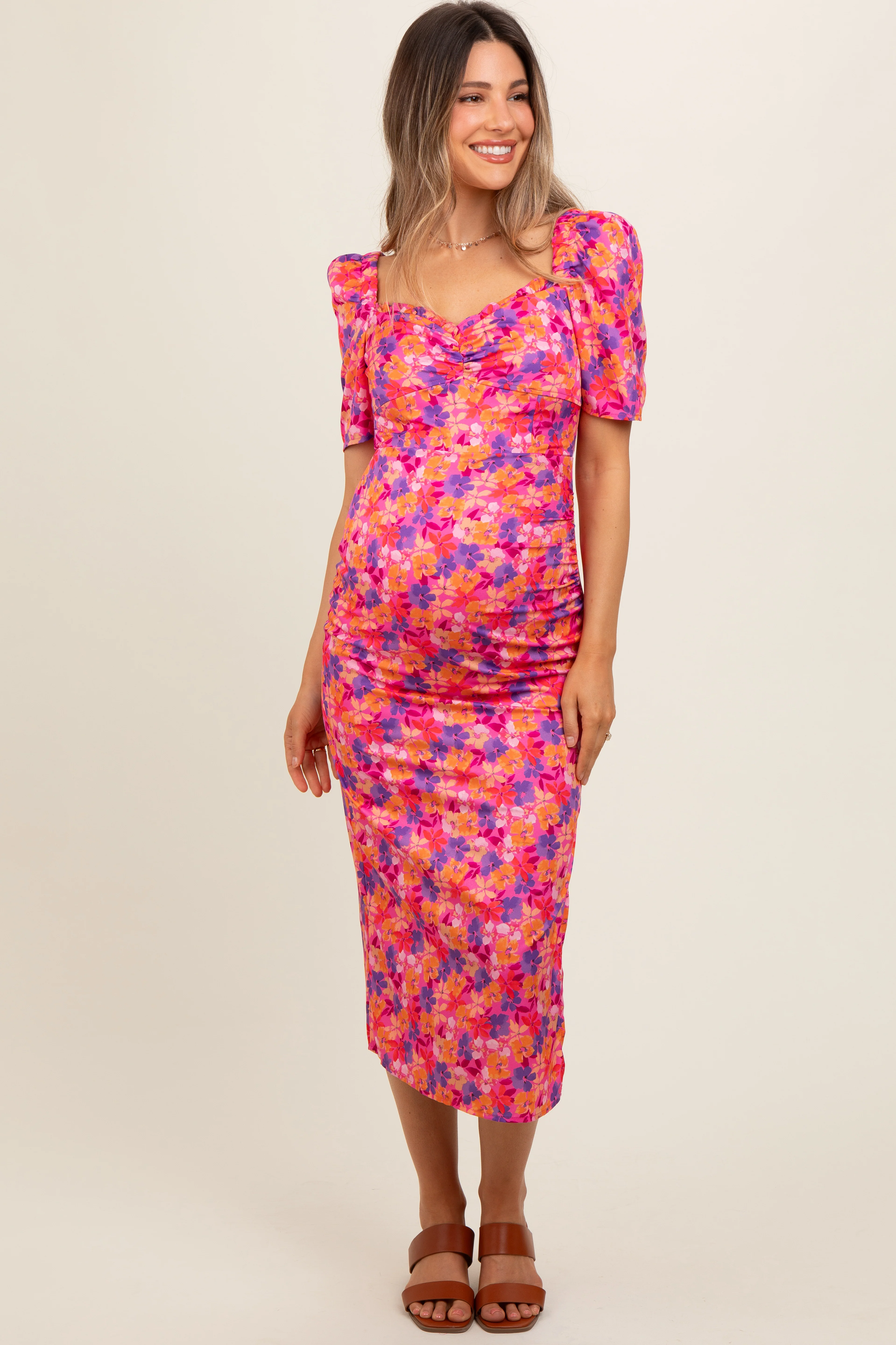 Fuchsia Floral Ruffle Sweetheart Fitted Maternity Midi Dress - Image 2