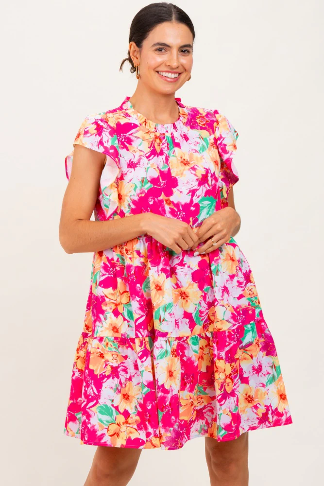 Fuchsia Floral Ruffle Tiered Maternity Dress - Image 6