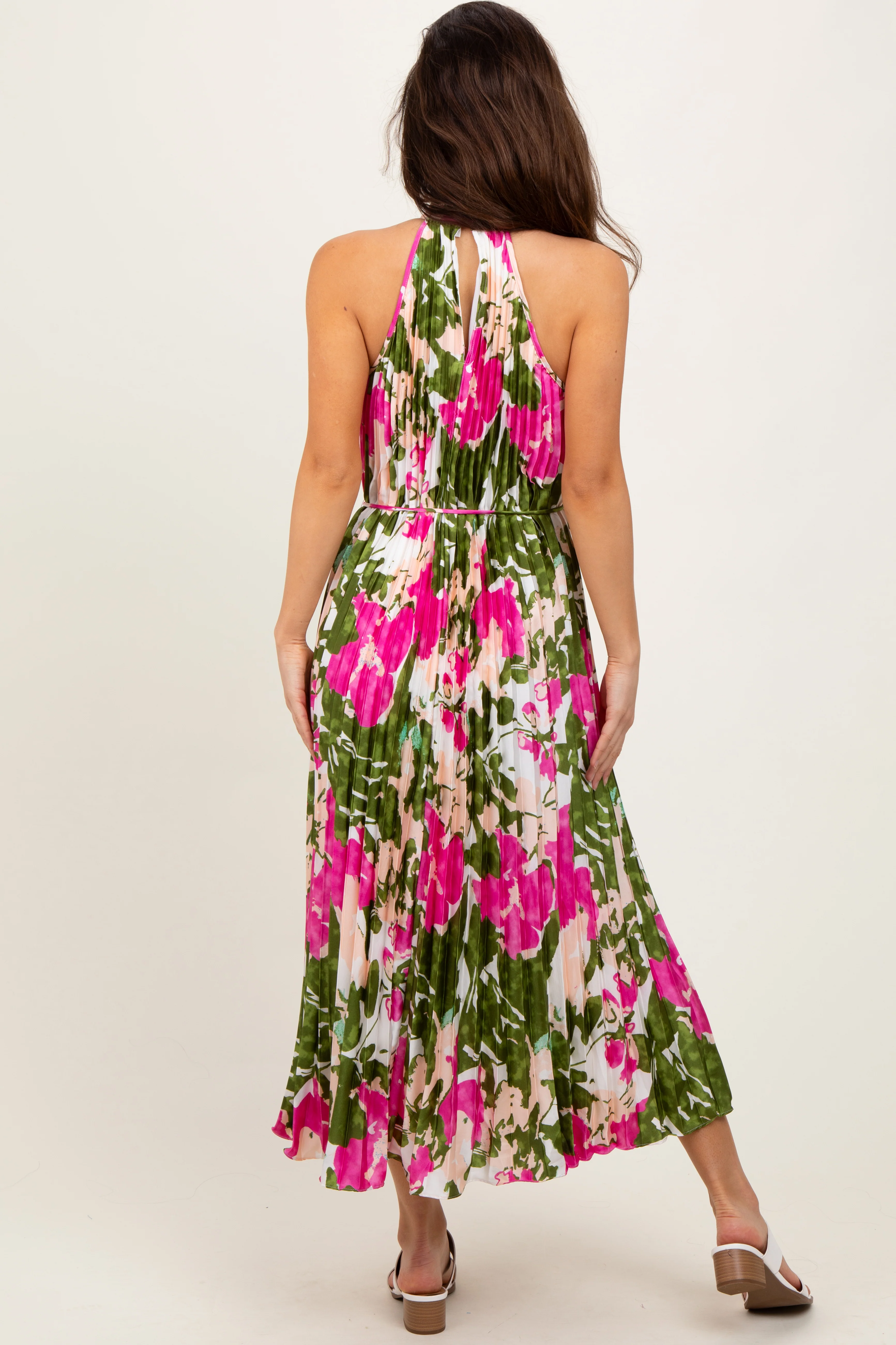 Fuchsia Floral Satin Pleated Halter Neck Midi Dress - Image 4