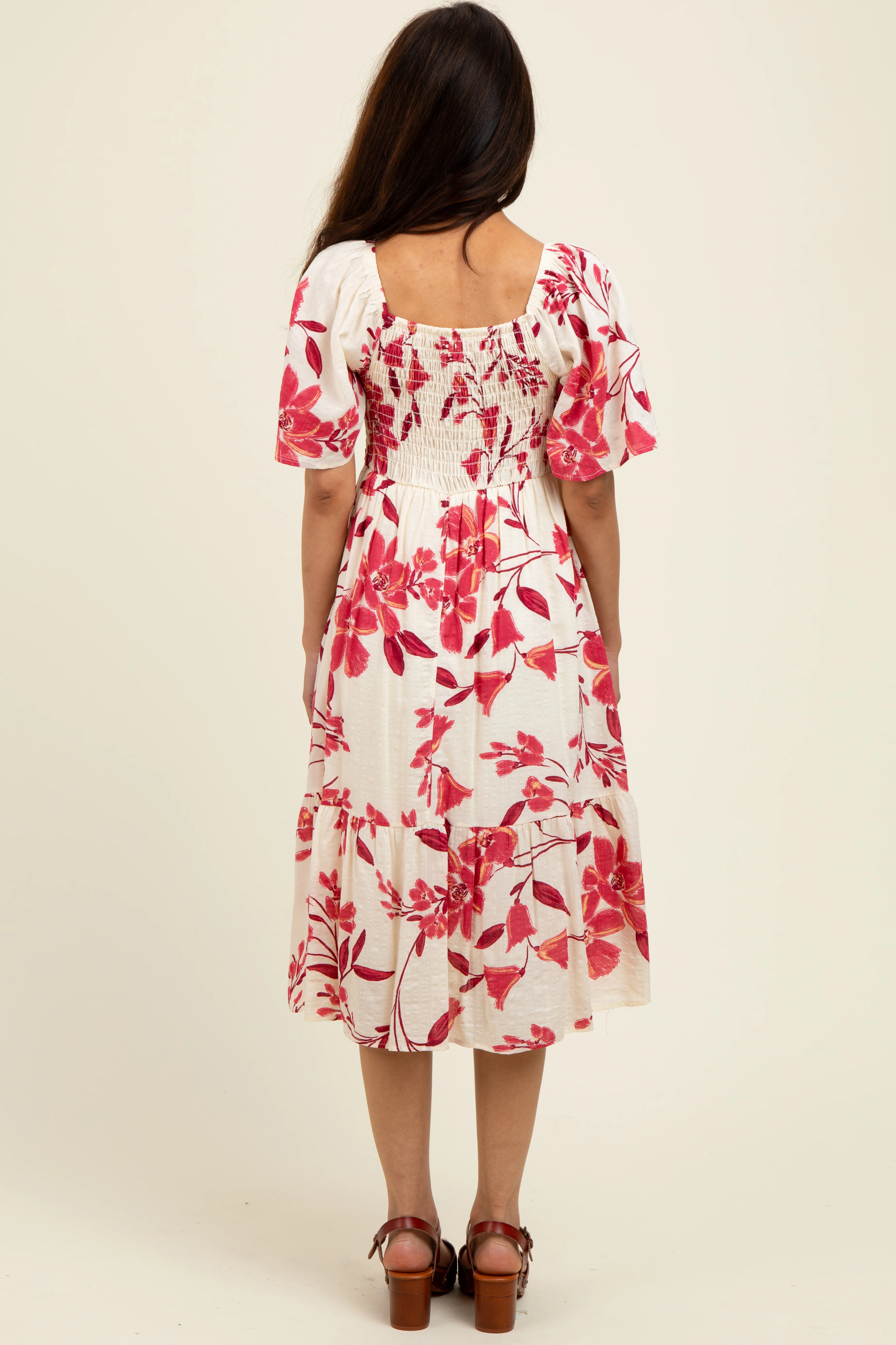 Fuchsia Floral Smocked Flutter Sleeve Midi Dress - Image 3