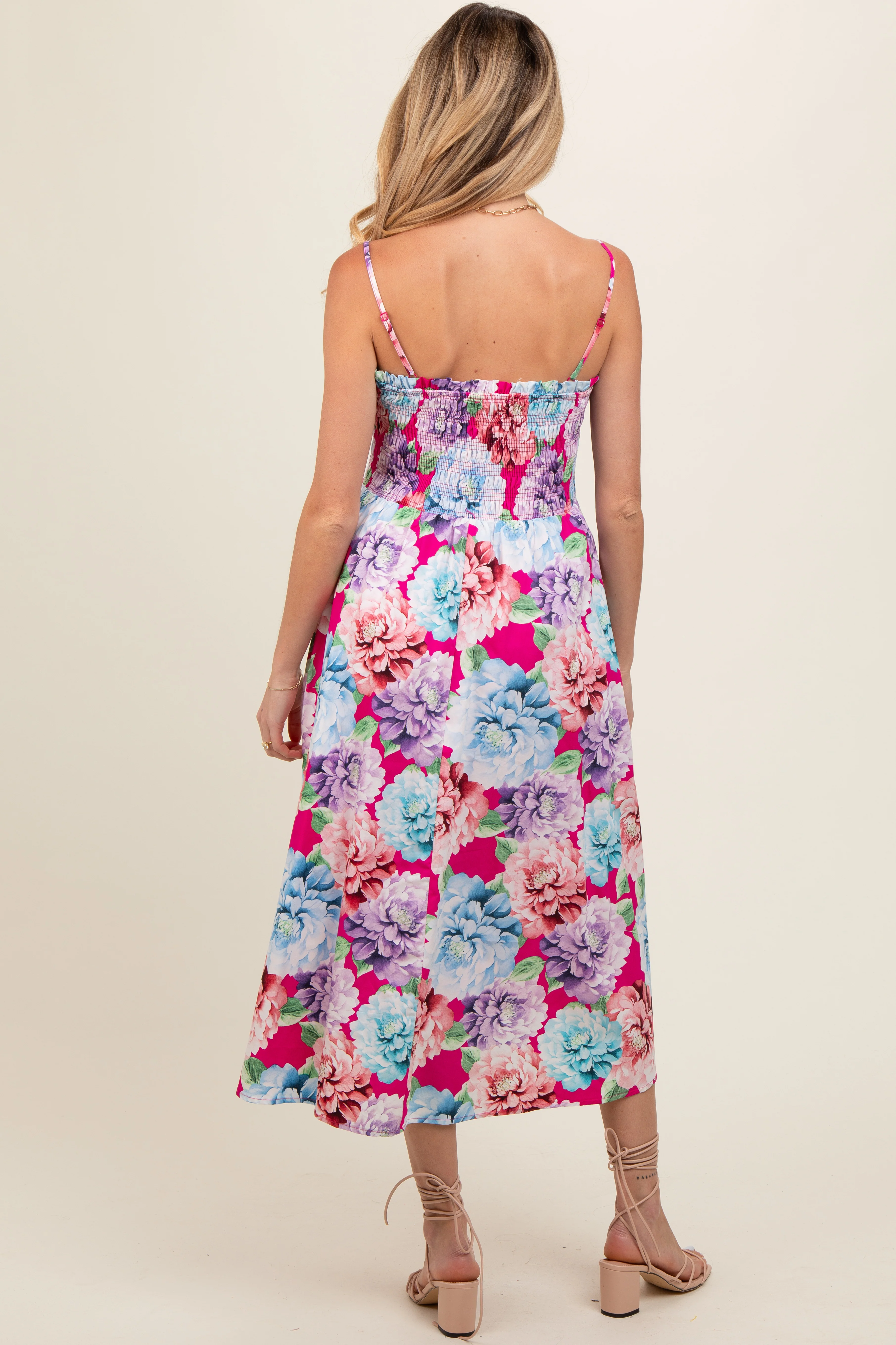 Fuchsia Floral Smocked Maternity Midi Dress - Image 2