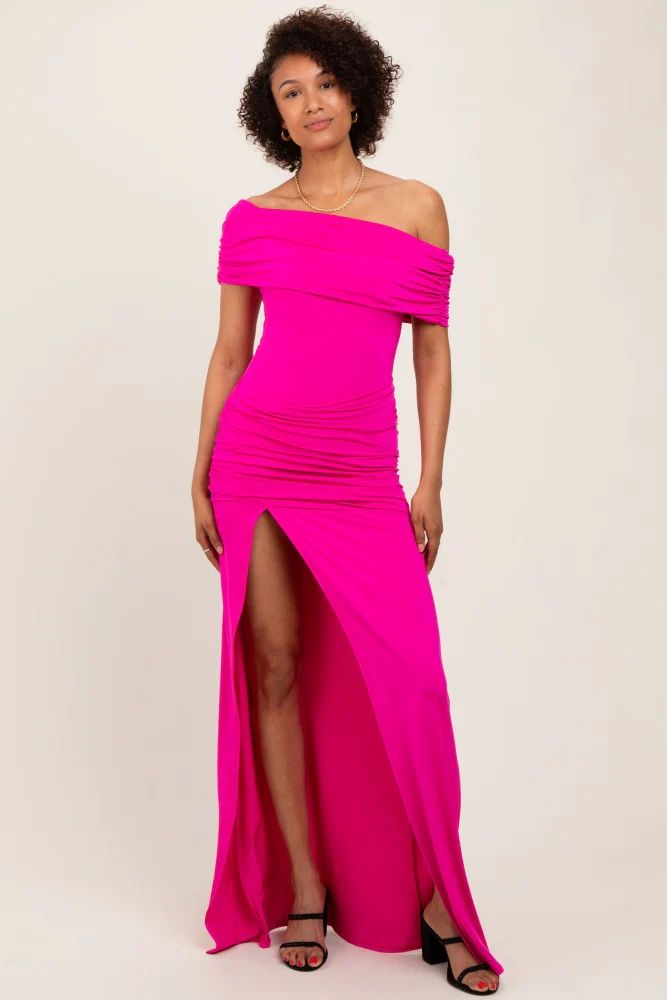 Fuchsia Foldover Off Shoulder Ruched High Slit Maxi Dress - Image 2