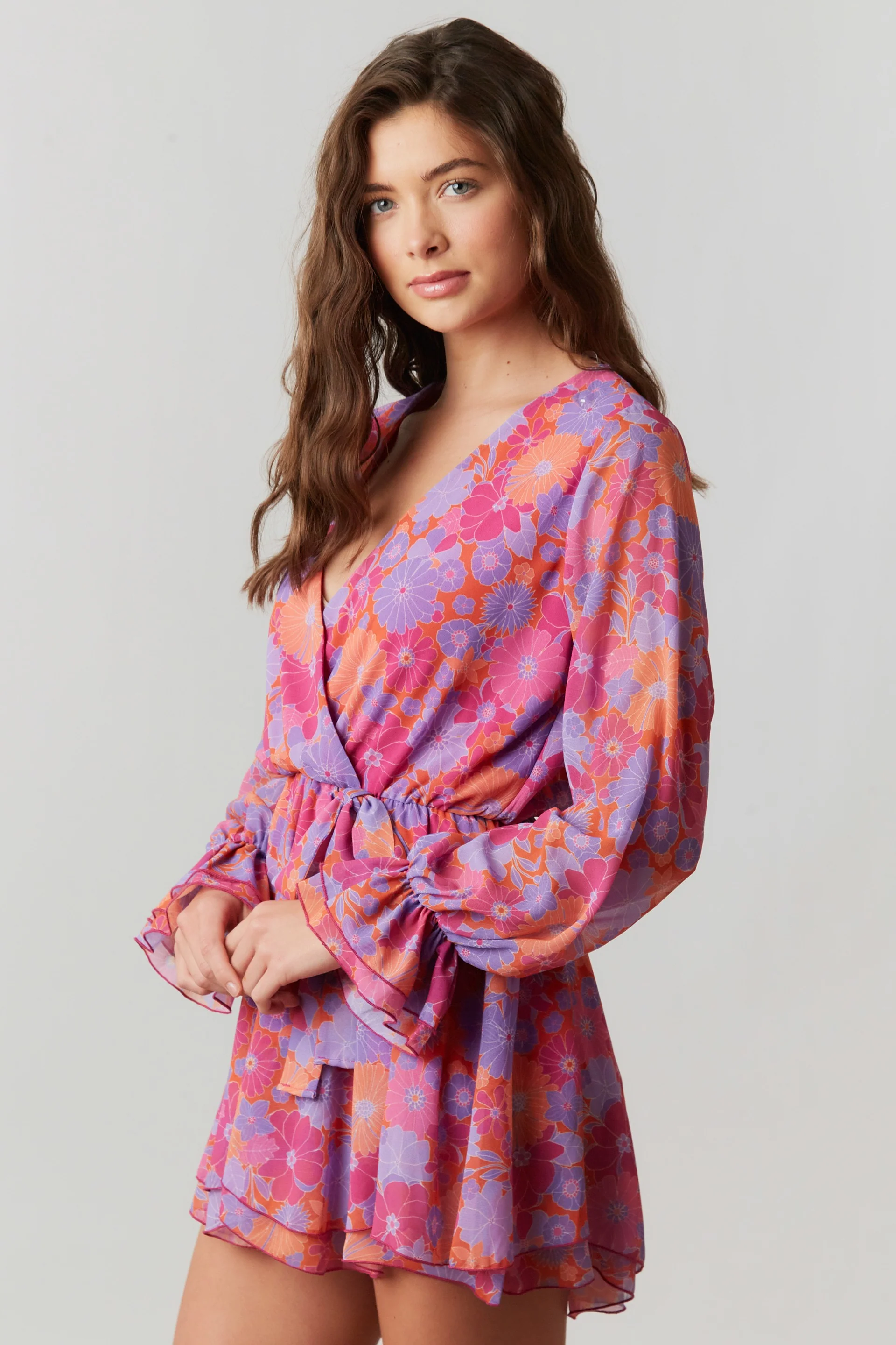 Fuchsia Multi Floral Chiffon Surplice Romper - Image 2