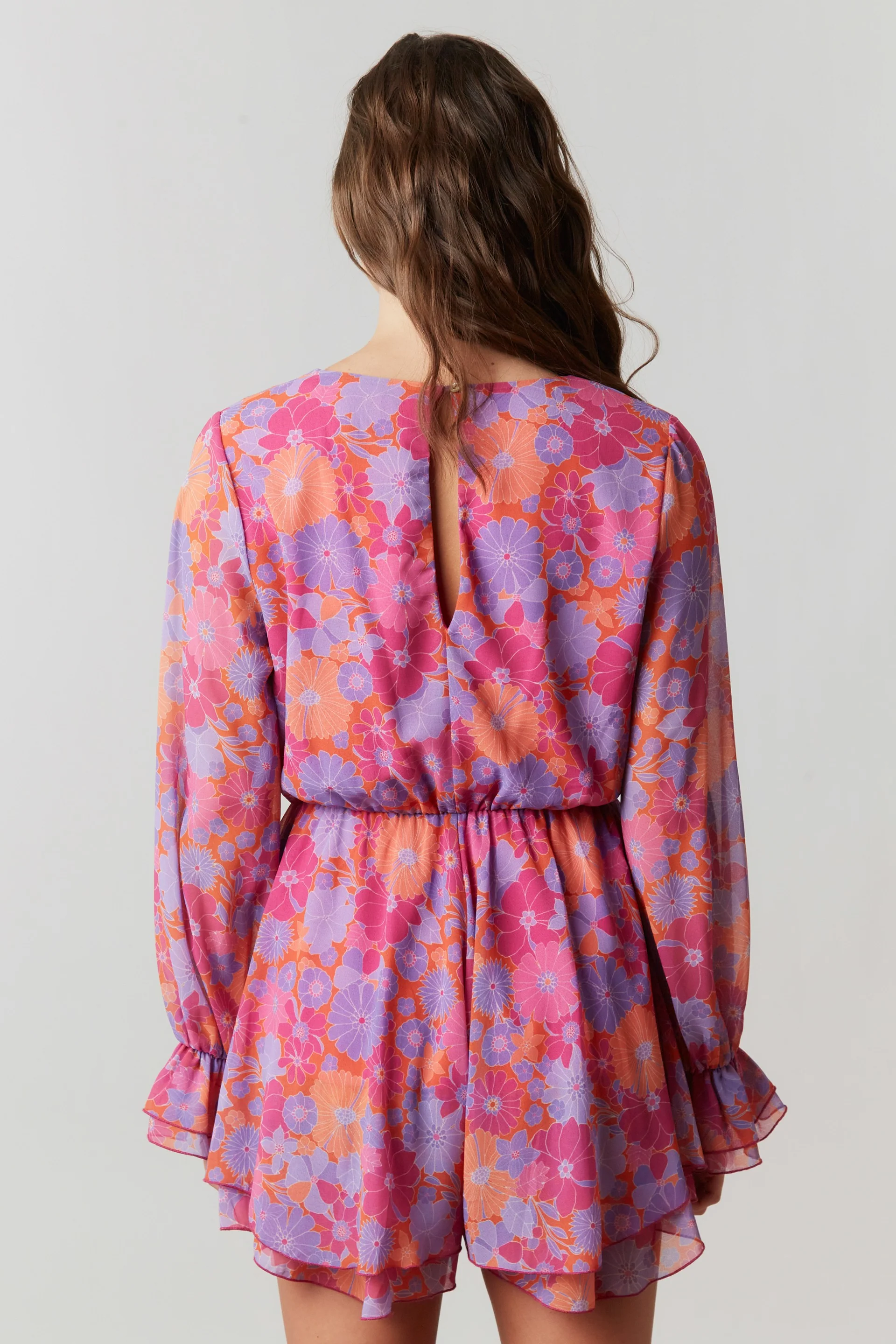 Fuchsia Multi Floral Chiffon Surplice Romper - Image 3