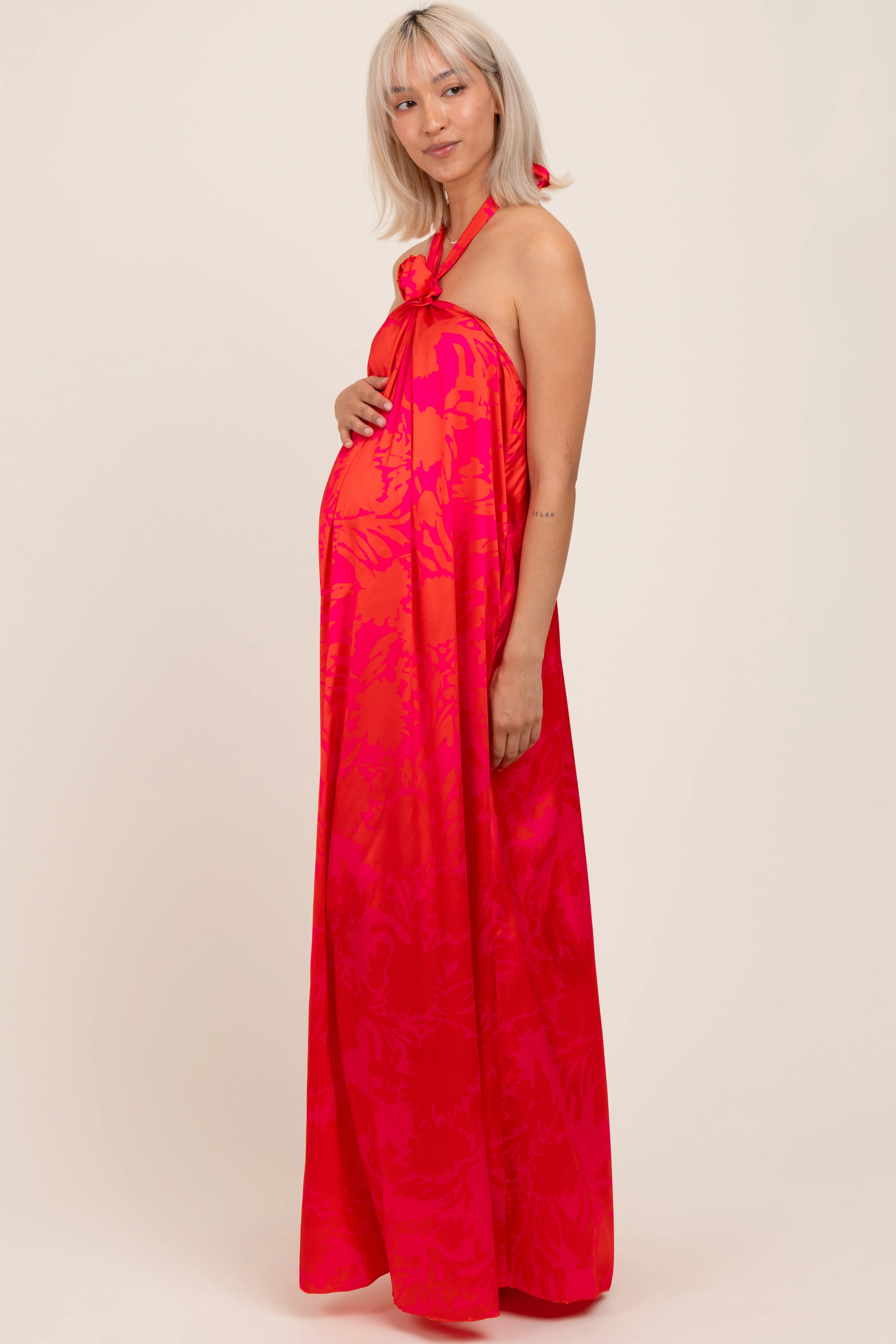 Fuchsia Multi Halter Flower Neck Accent Maternity Maxi Dress - Image 3