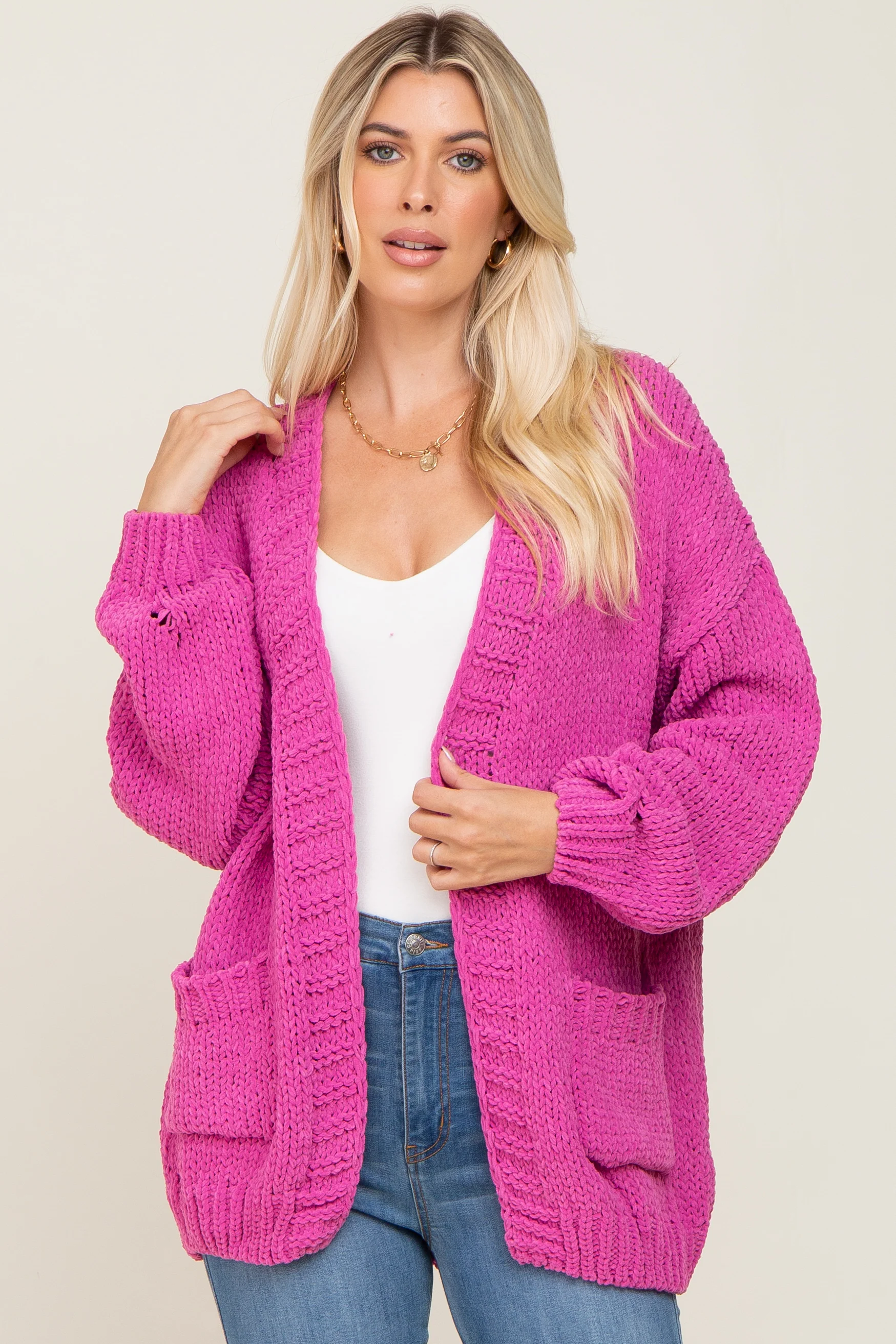 Fuchsia Oversized Bubble Sleeve Maternity Cardigan - Image 7