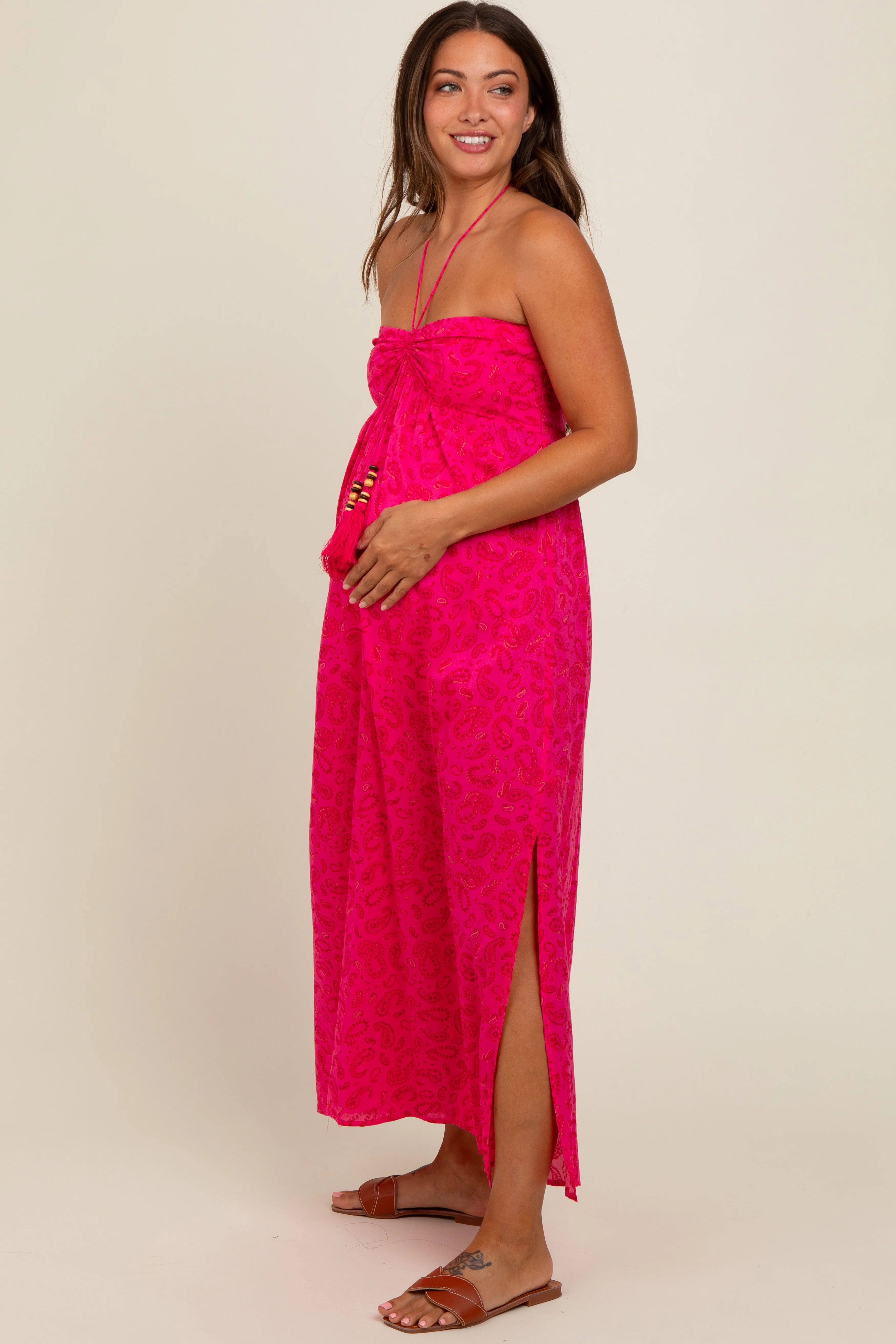 Fuchsia Paisley Print Halter Maternity Midi Dress - Image 3