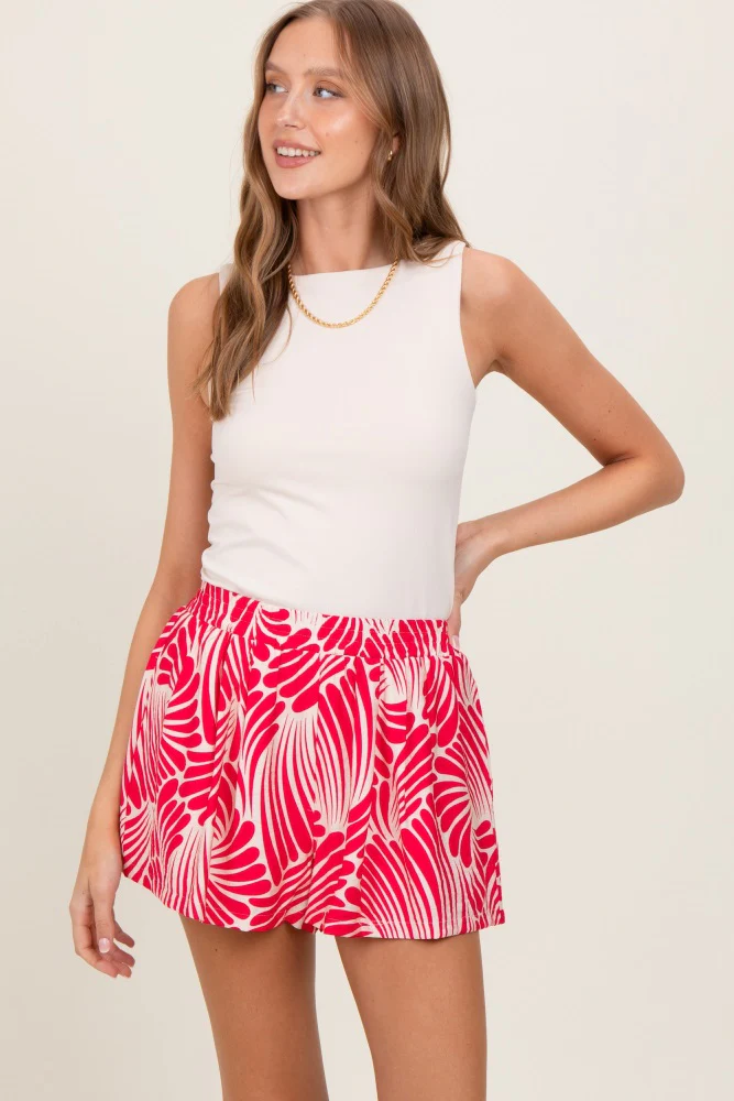 Fuchsia Printed Elastic Waist Band Shorts