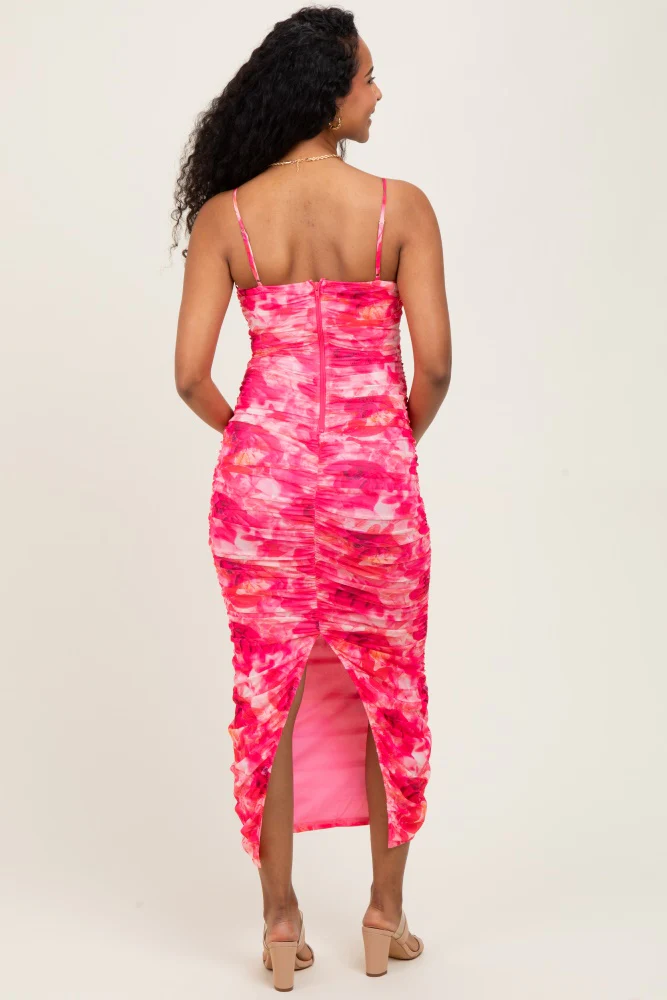 Fuchsia Rose Floral Mesh Sleeveless Ruched Maternity Dress - Image 4