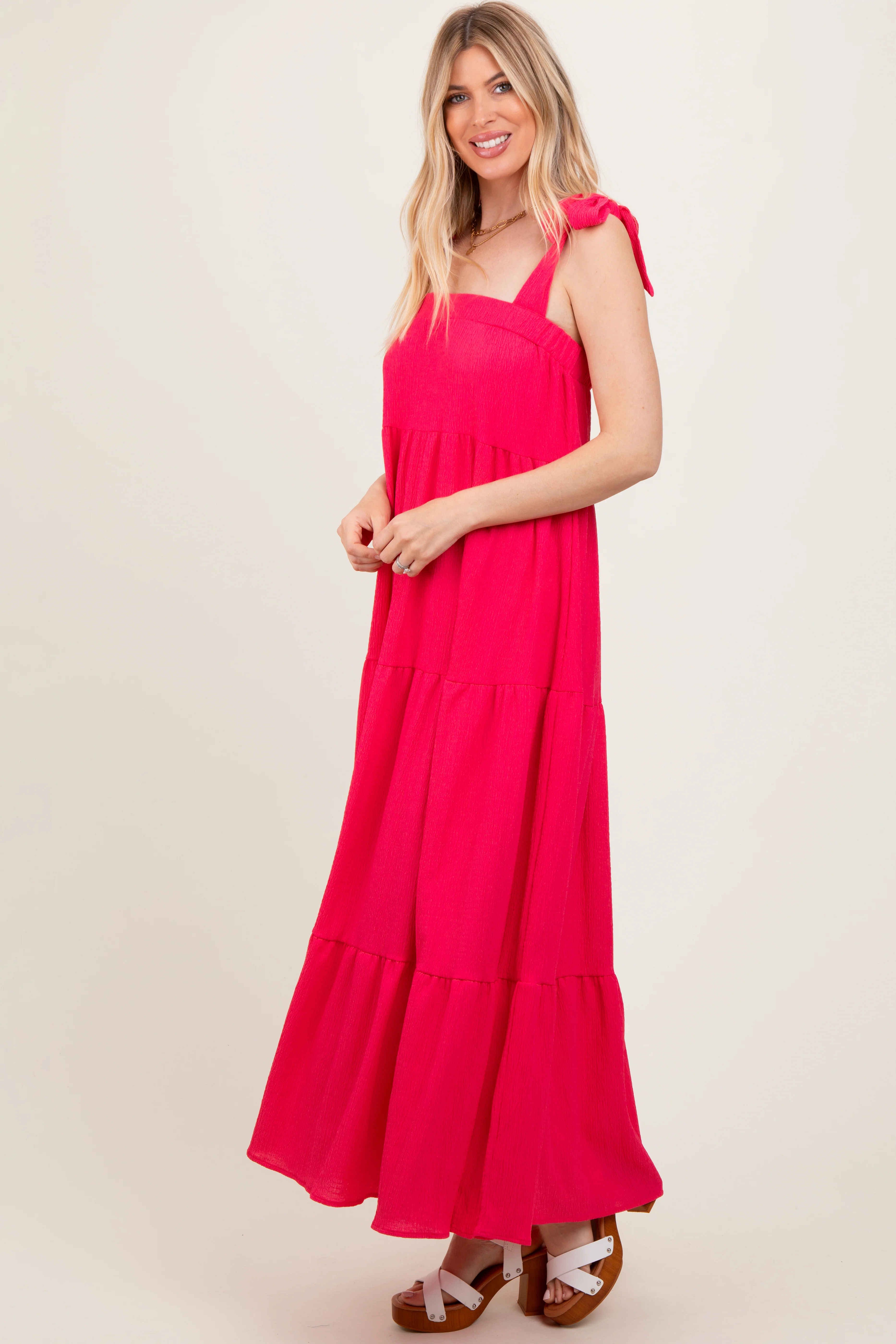 Fuchsia Shoulder Tie Tiered Maxi Dress - Image 3