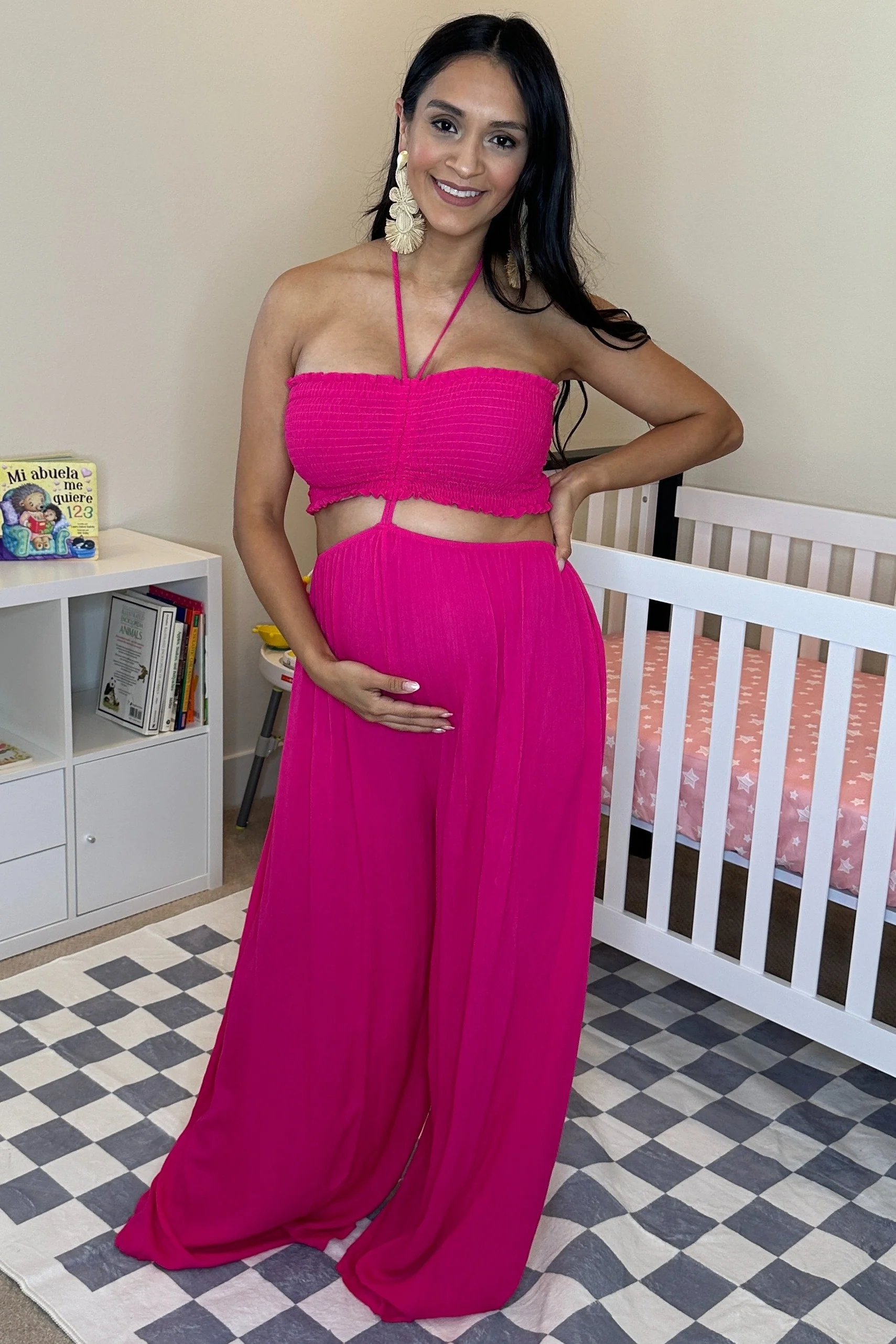 Fuchsia Smocked Drawstring Halter Side Cutout Maternity Jumpsuit - Image 4