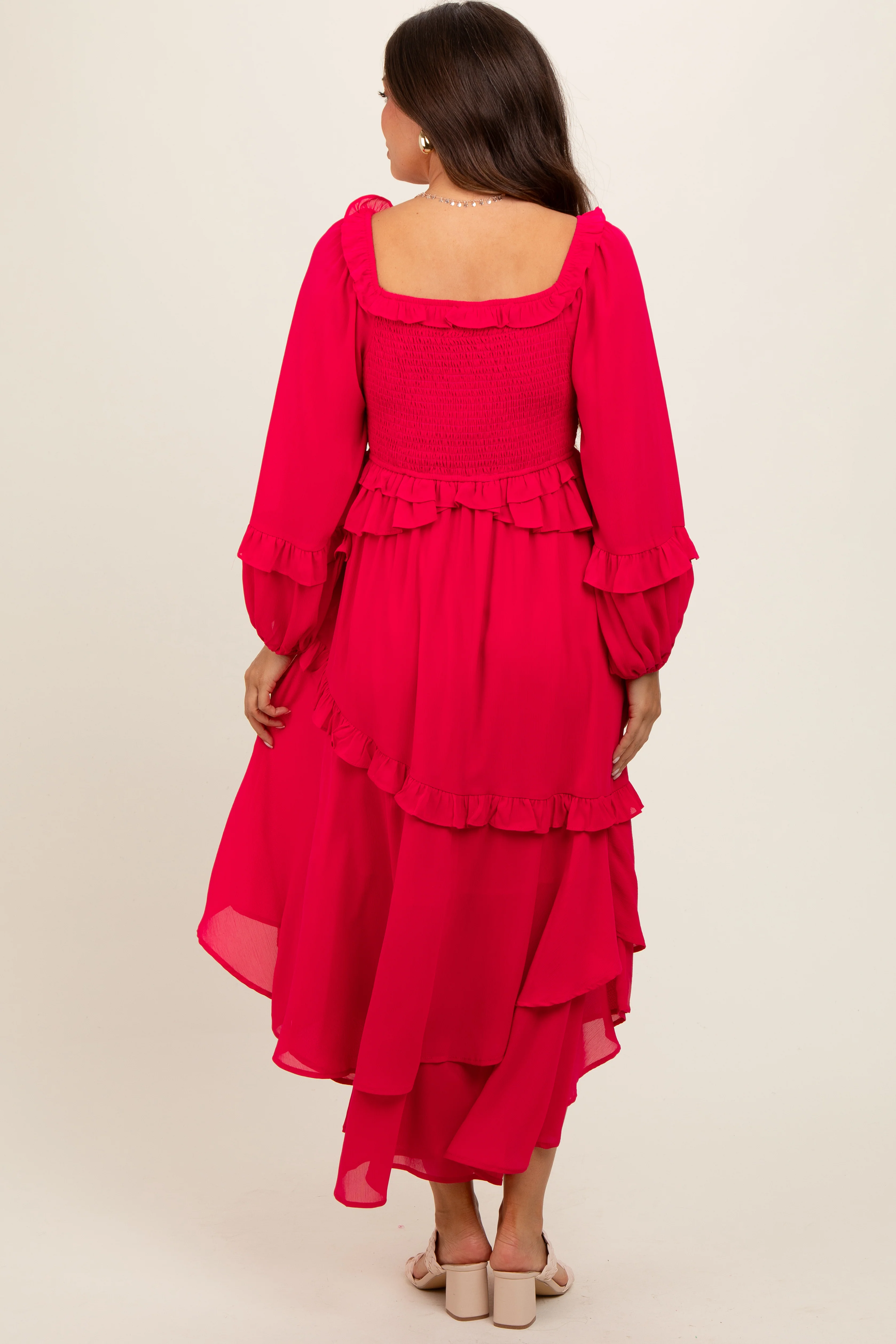 Fuchsia Smocked Ruffle Long Sleeve Maternity Midi Dress - Image 3