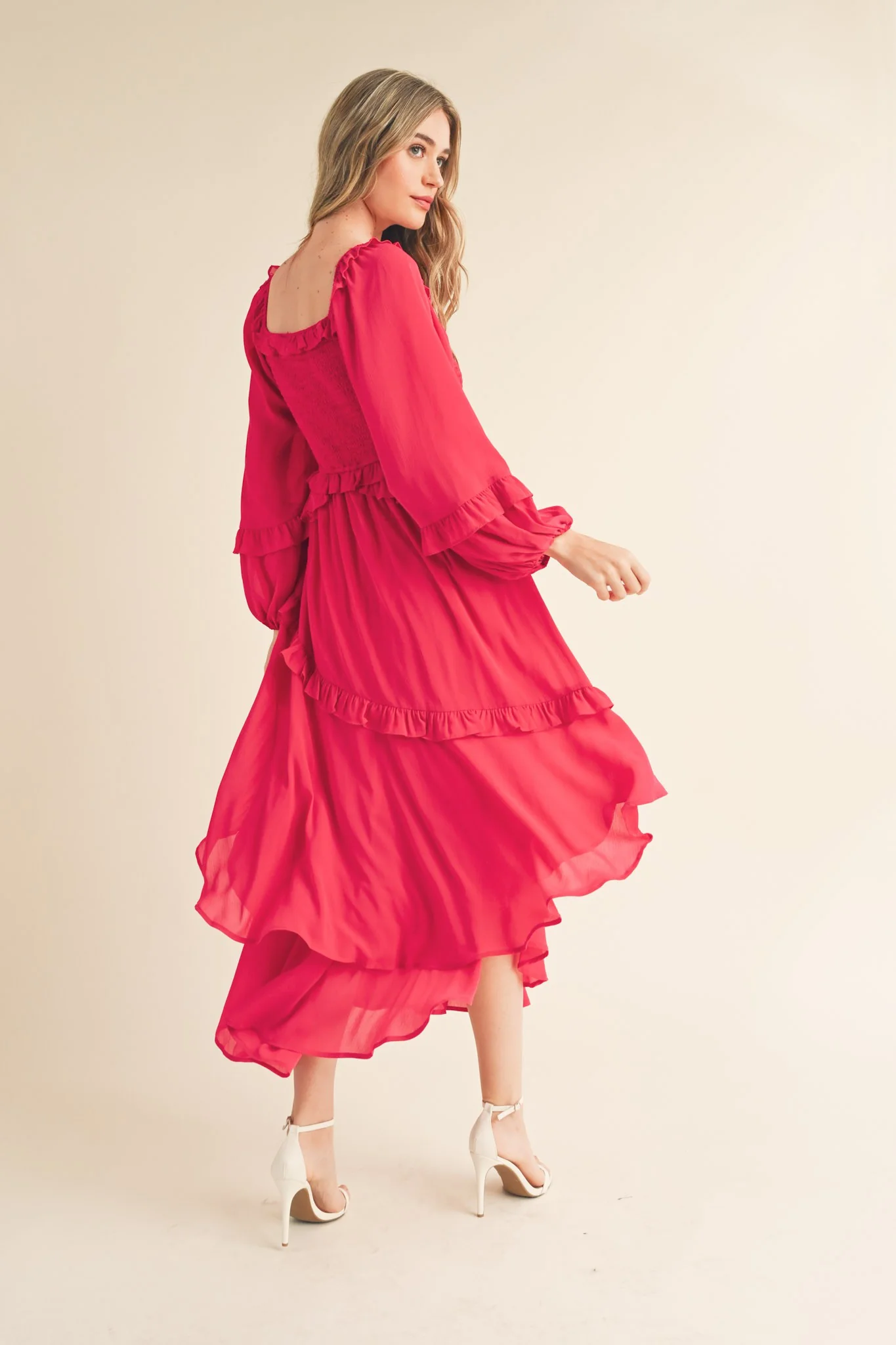 Fuchsia Smocked Ruffle Long Sleeve Midi Dress - Image 3