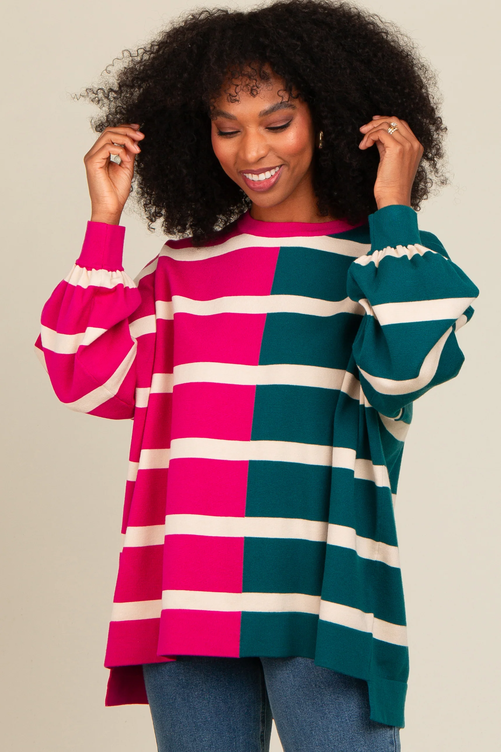 Fuchsia Striped Colorblock Dolman Knit Top - Image 6