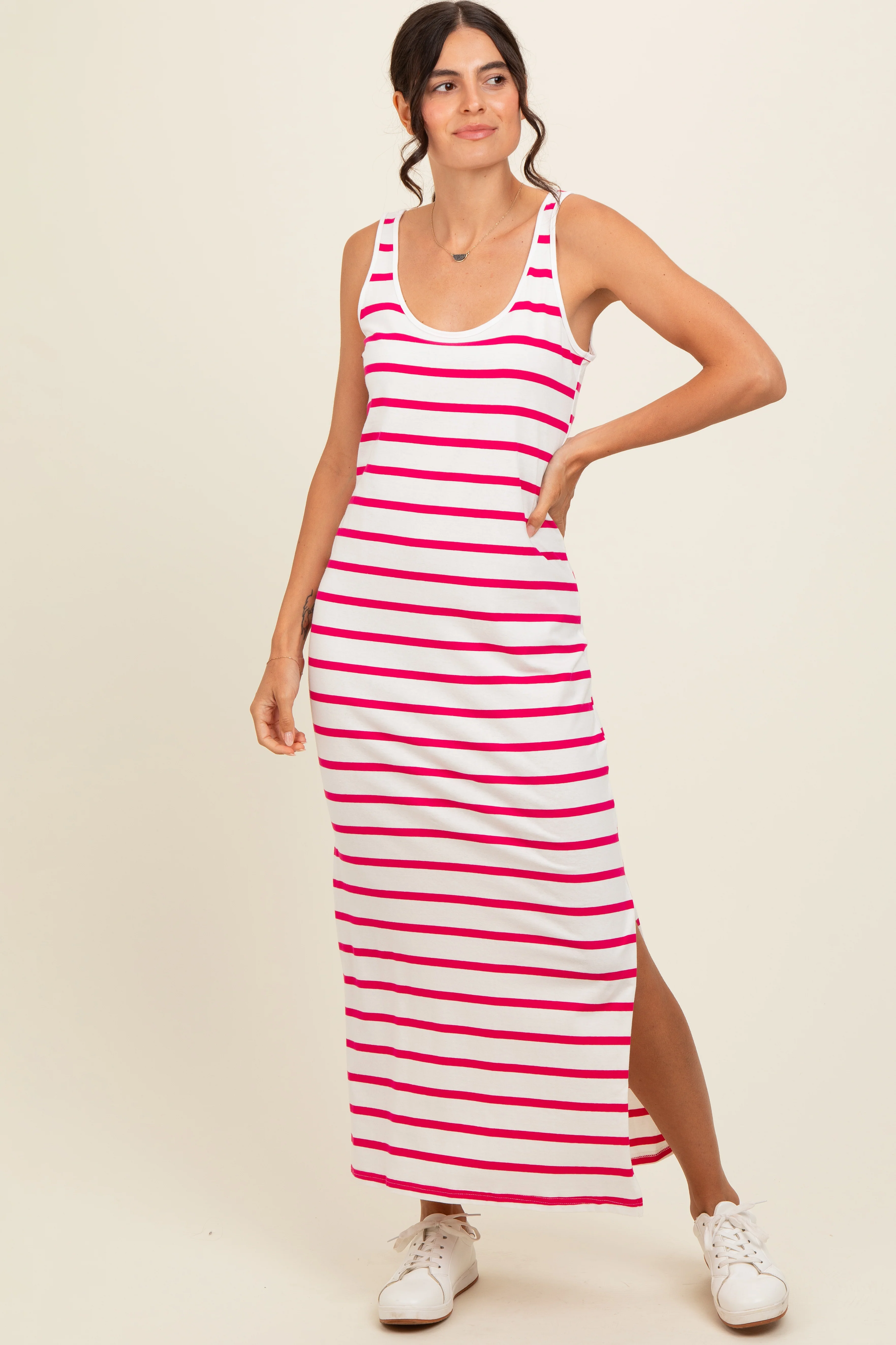 Fuchsia Striped Sleeveless Side Slit Maternity Maxi Dress - Image 5