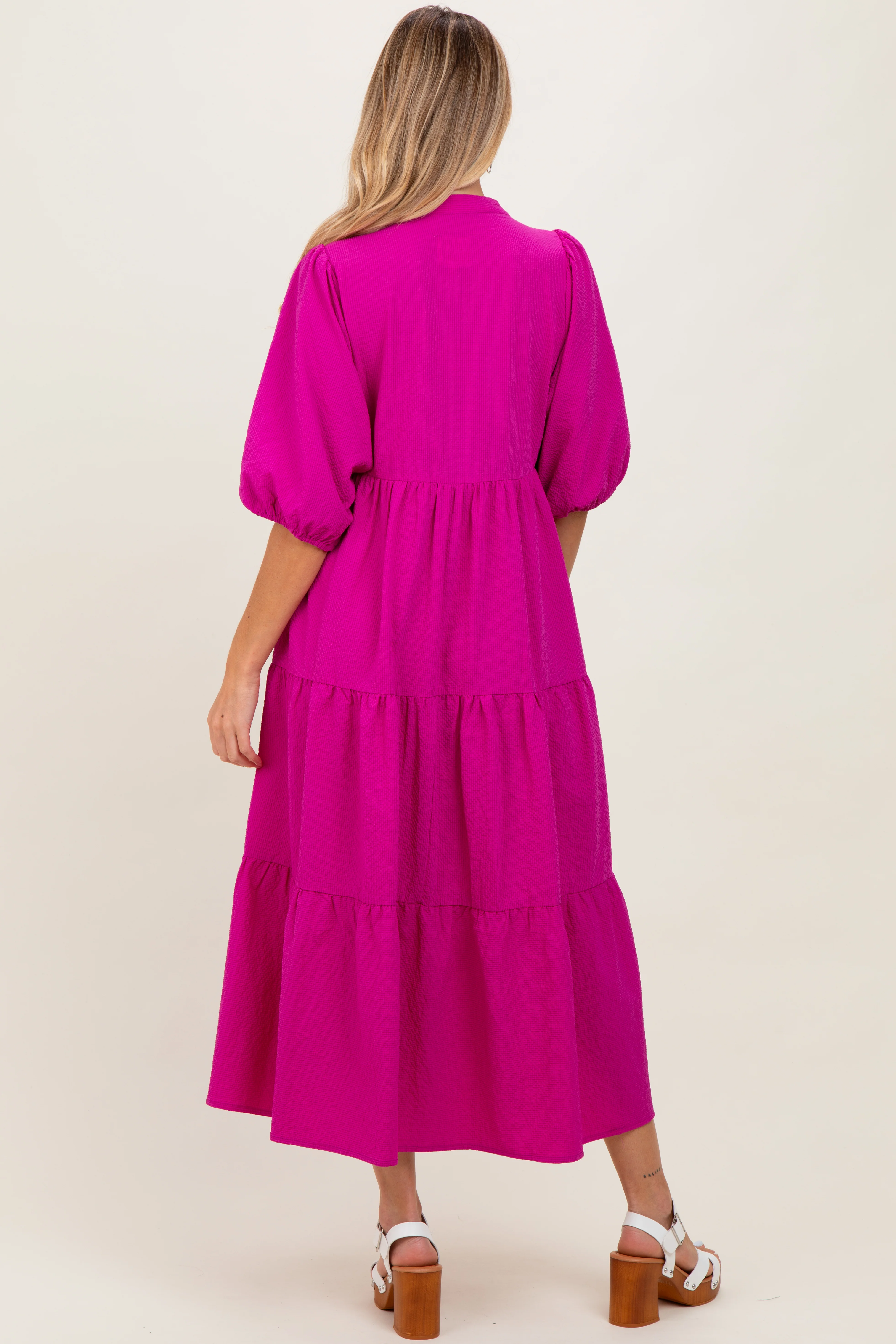 Fuchsia Textured Tiered Puff Sleeve Maternity Midi Dress - Image 3