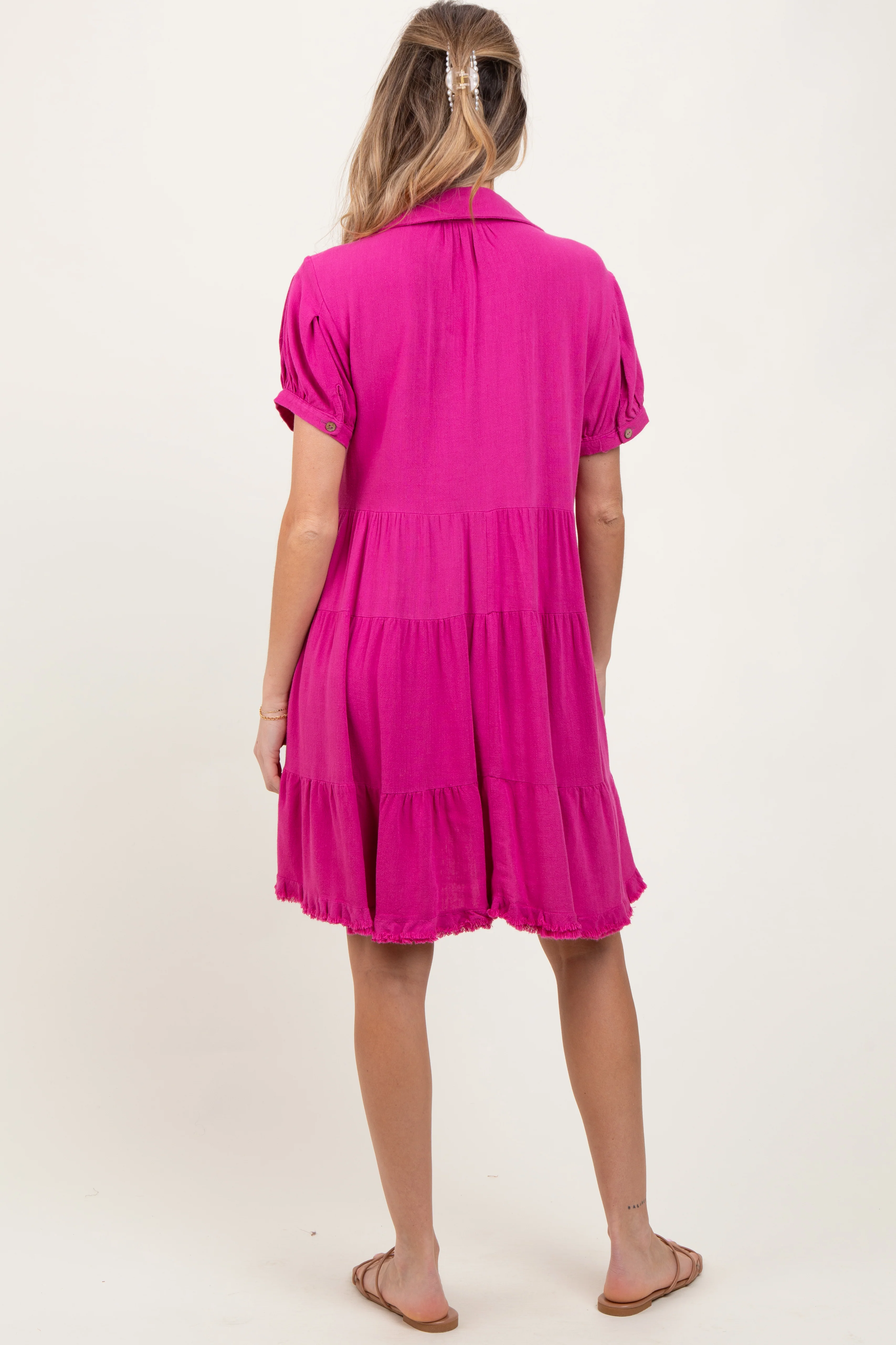 Fuchsia Tiered Collared Linen Maternity Dress - Image 4