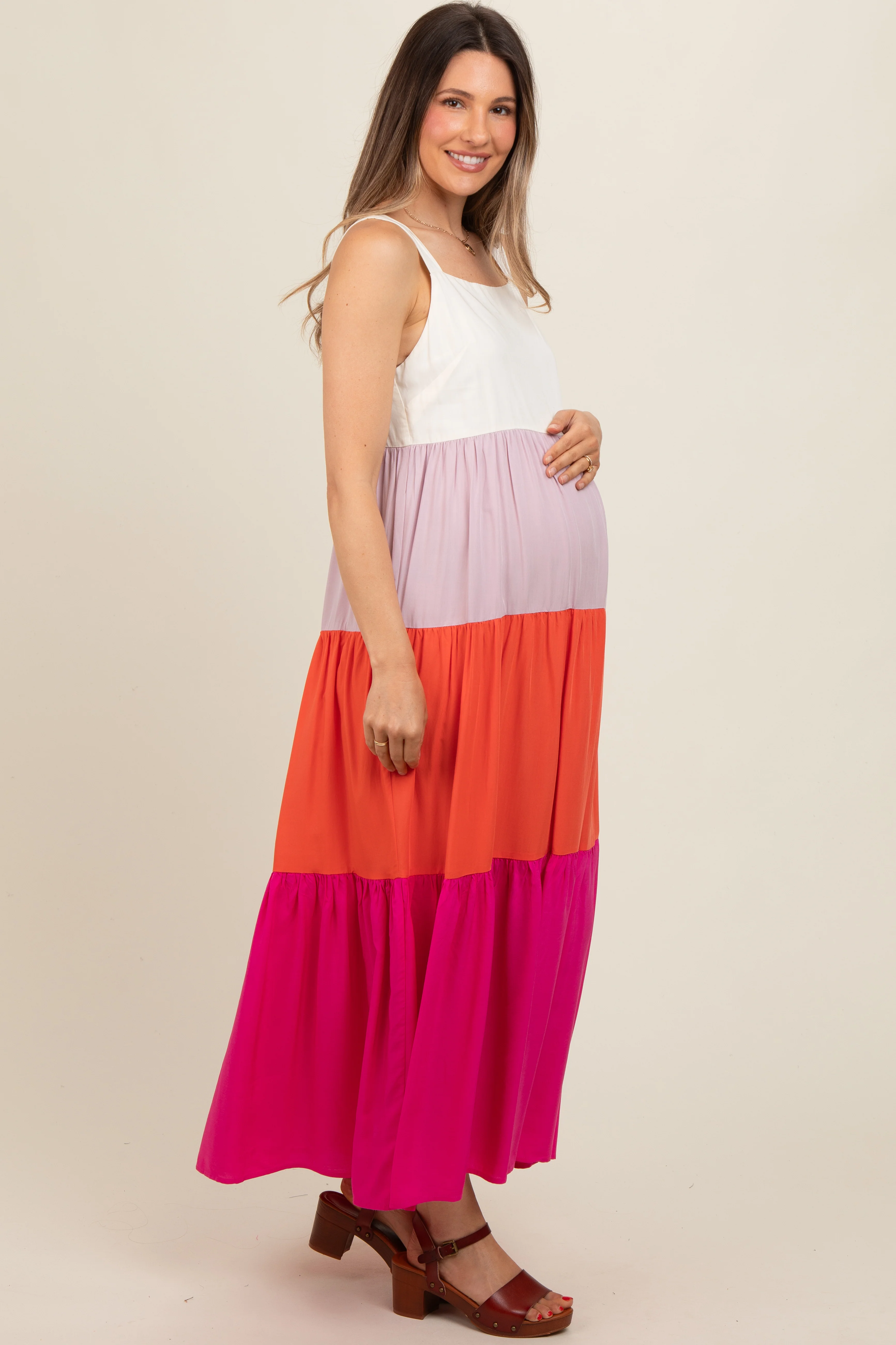 Fuchsia Tiered Colorblock Maternity Maxi Dress - Image 3