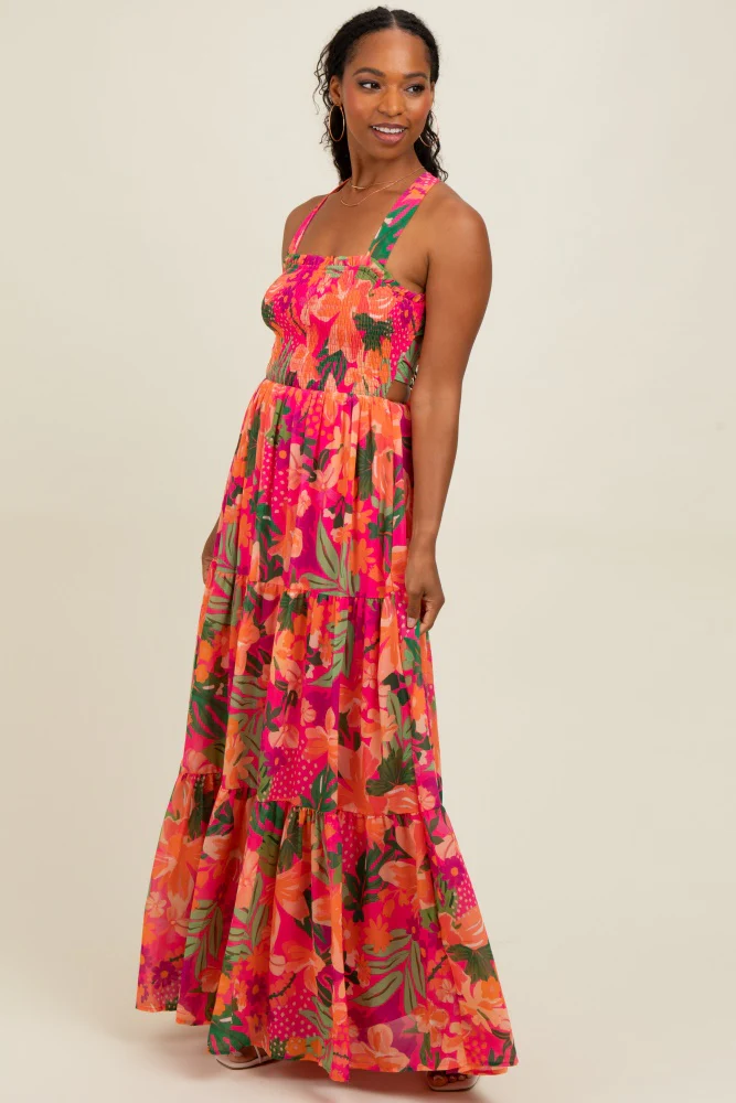 Fuchsia Tropical Print Smocked Crisscross Open Back Maxi Dress - Image 3