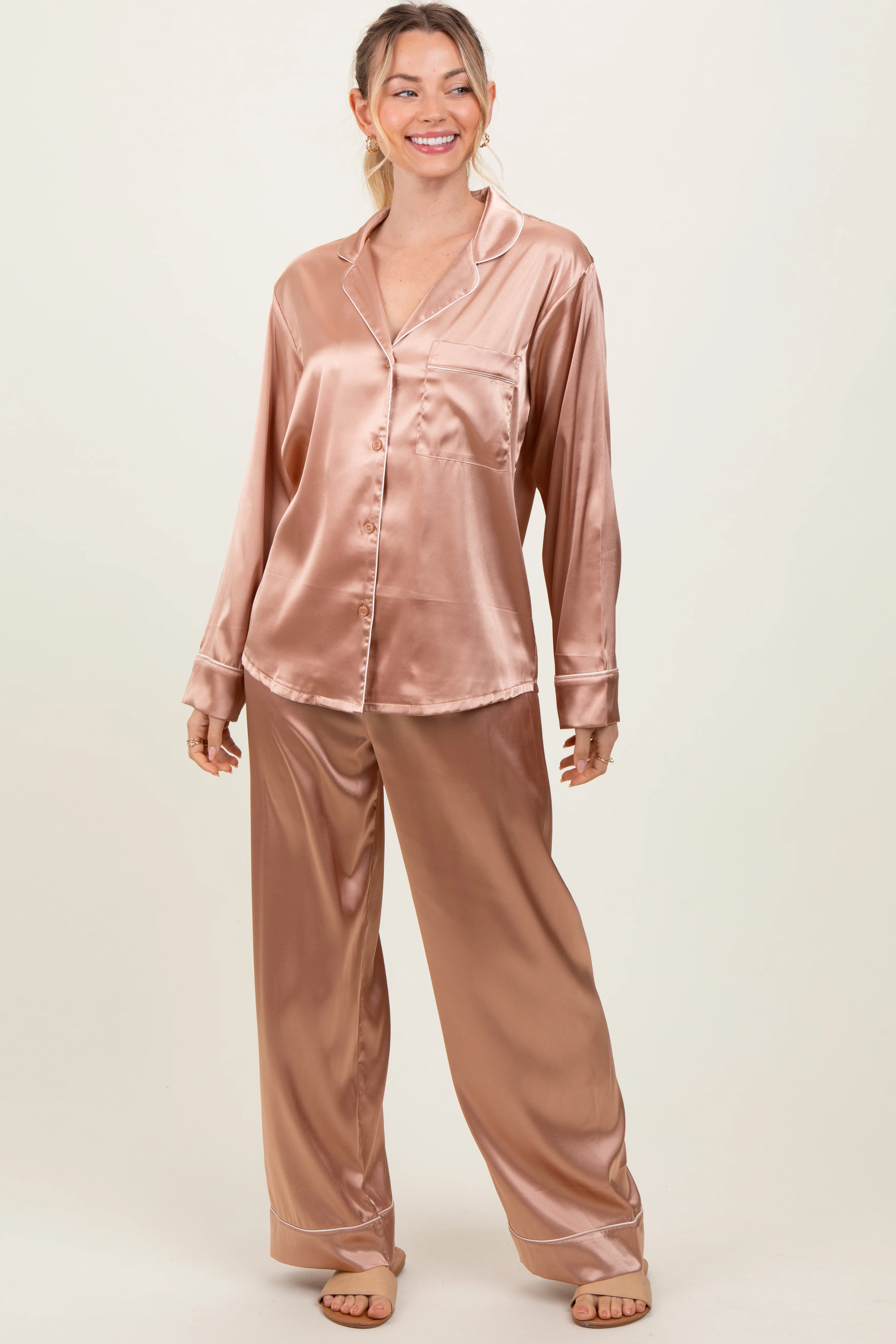 Gold Satin Contrast Trim Long Sleeve Maternity Pajama Set - Image 5