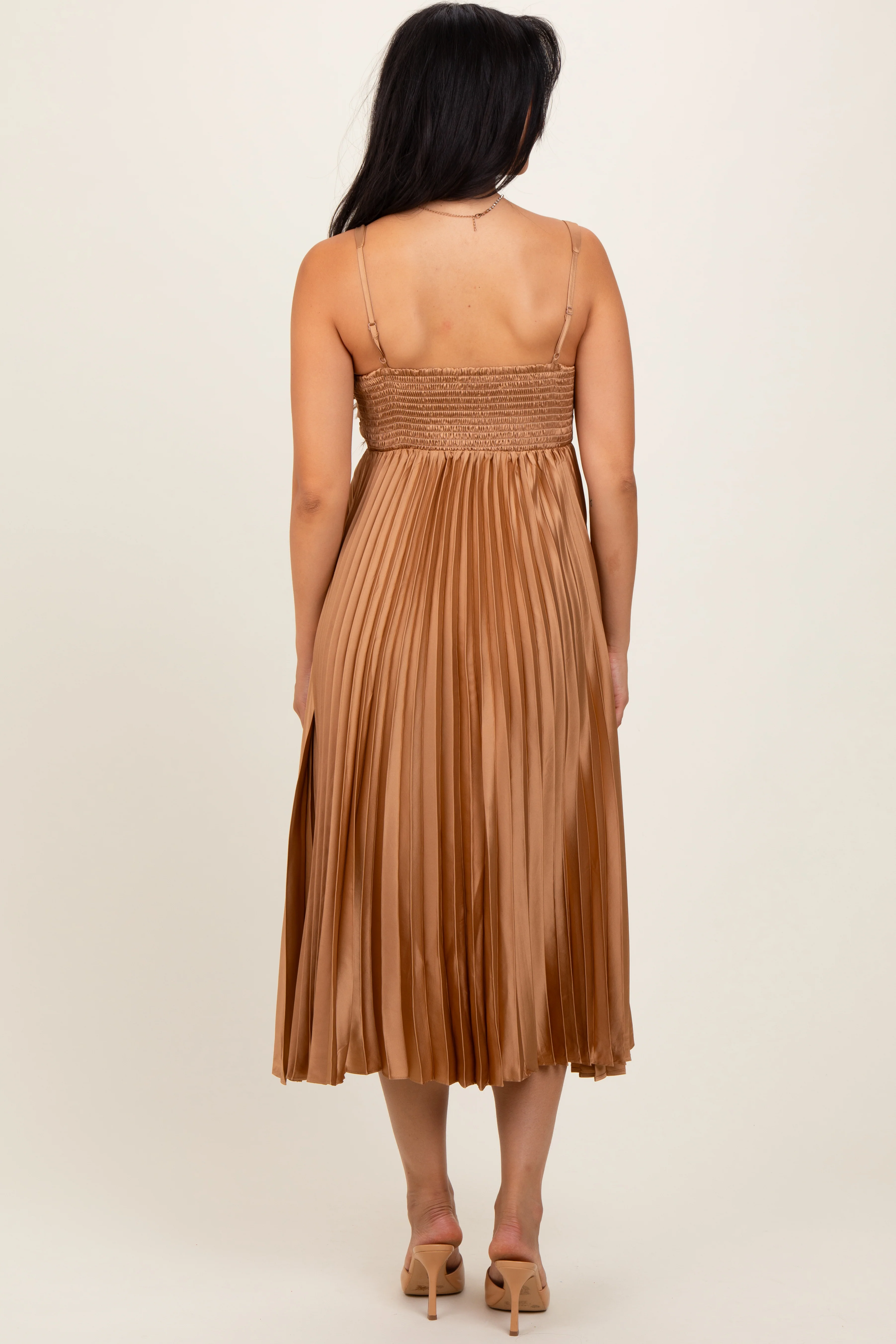 Gold Satin Pleated Sweetheart Midi Dress - Image 3