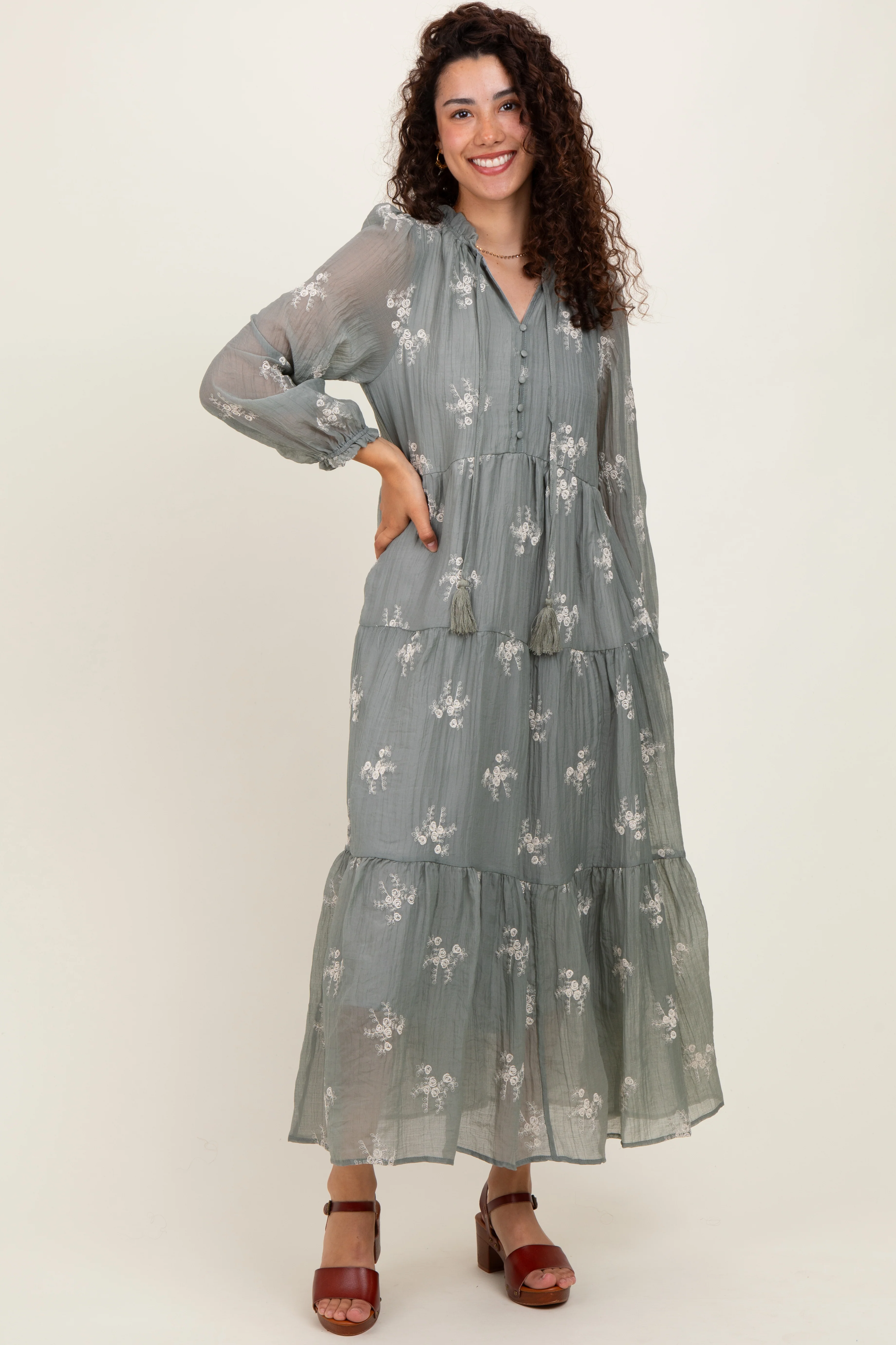 Gray Embroidered Tassel Tie Tiered Maternity Midi Dress - Image 4