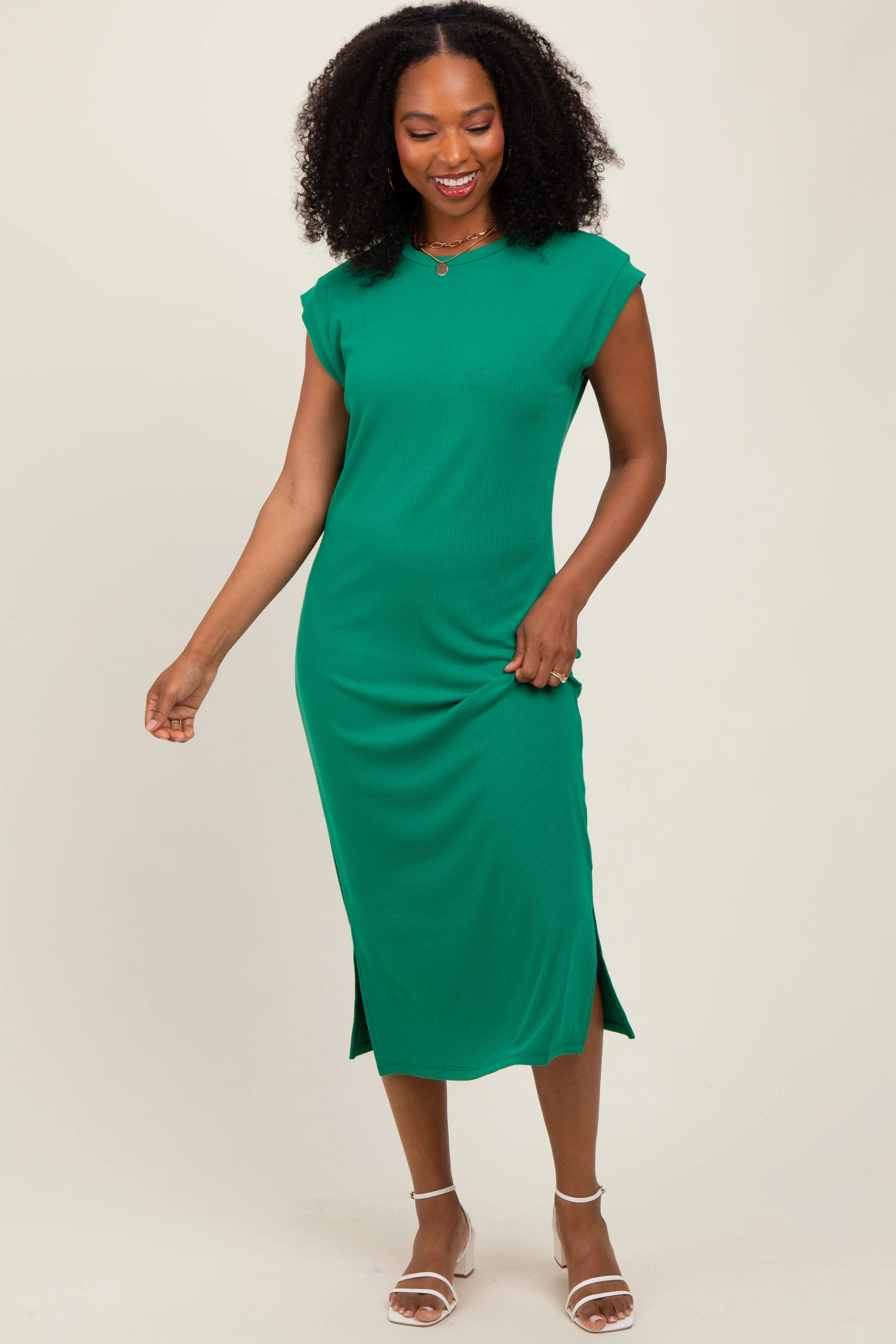 Green Basic Dolman Sleeve Maternity Midi Dress - Image 4
