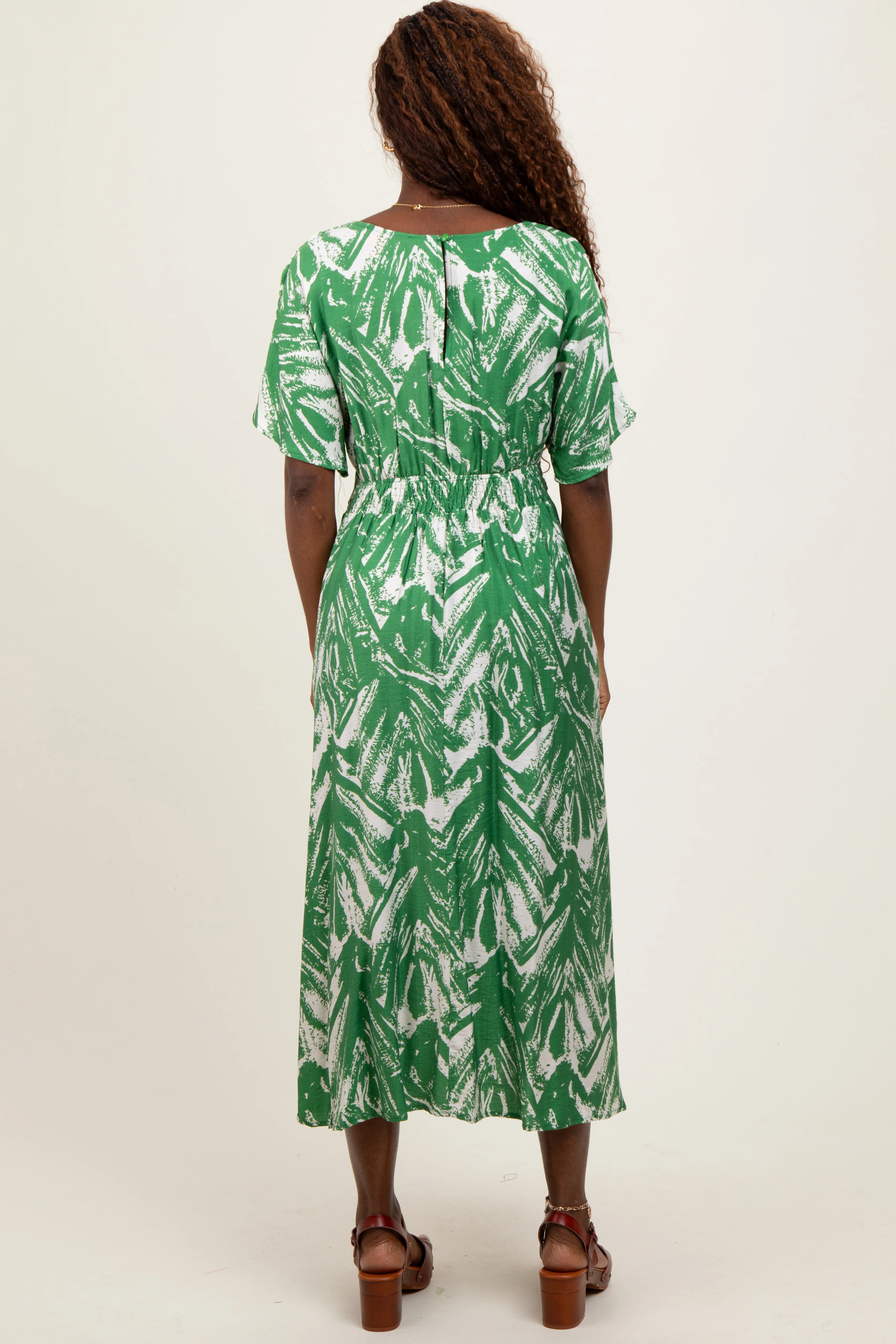Green Brushstroke Print Cutout Midi Dress - Image 4