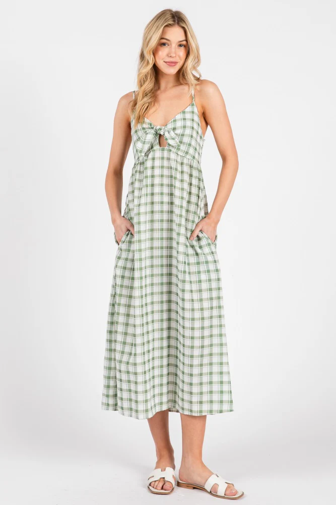 Green Checkered Plaid Front Tie Sleeveless Maternity Midi Dress - Image 5